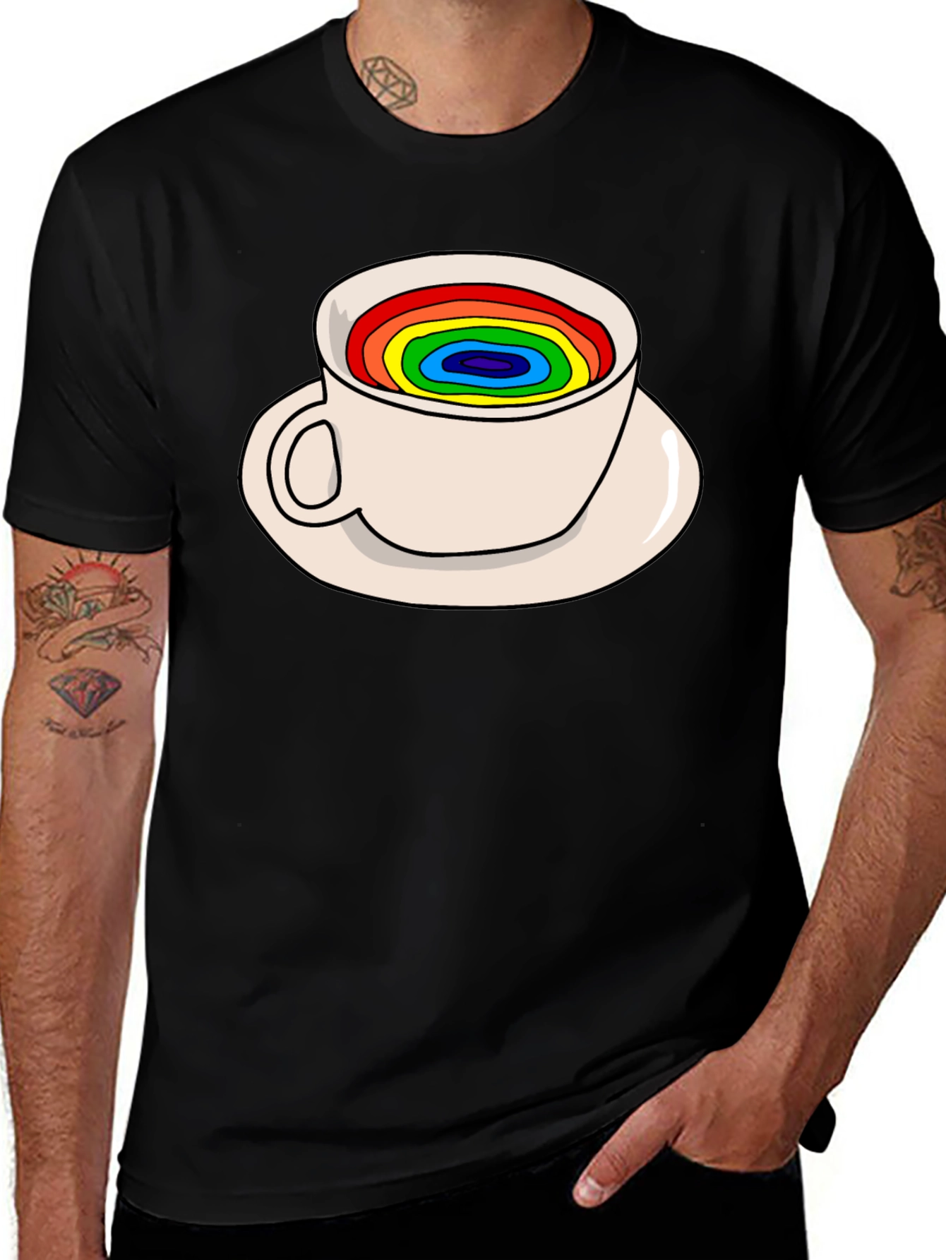 Rainbow Coffee Cup Graphic Tee - Unisex Black T-Shirt