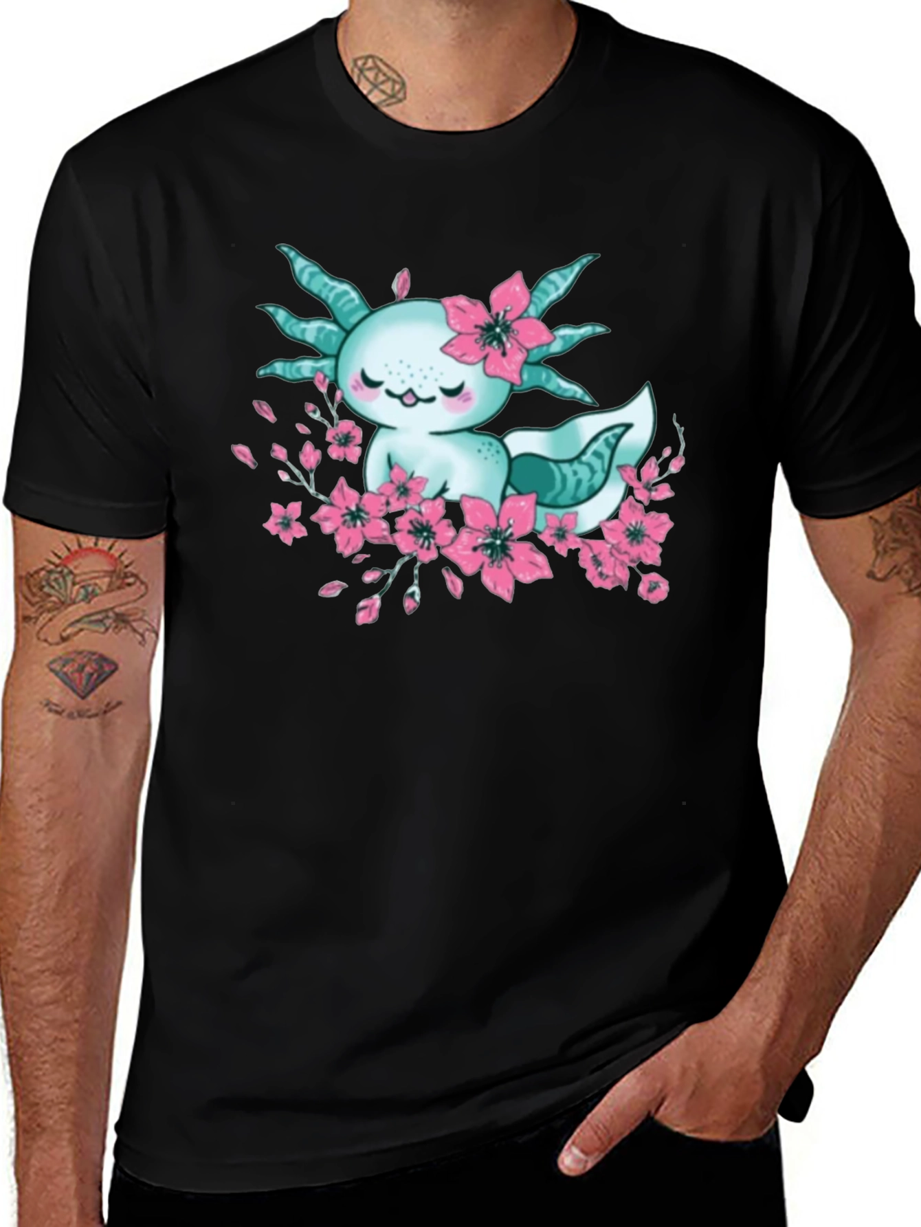 Variant 15 of Cute Axolotl Cherry Blossom Graphic Tee