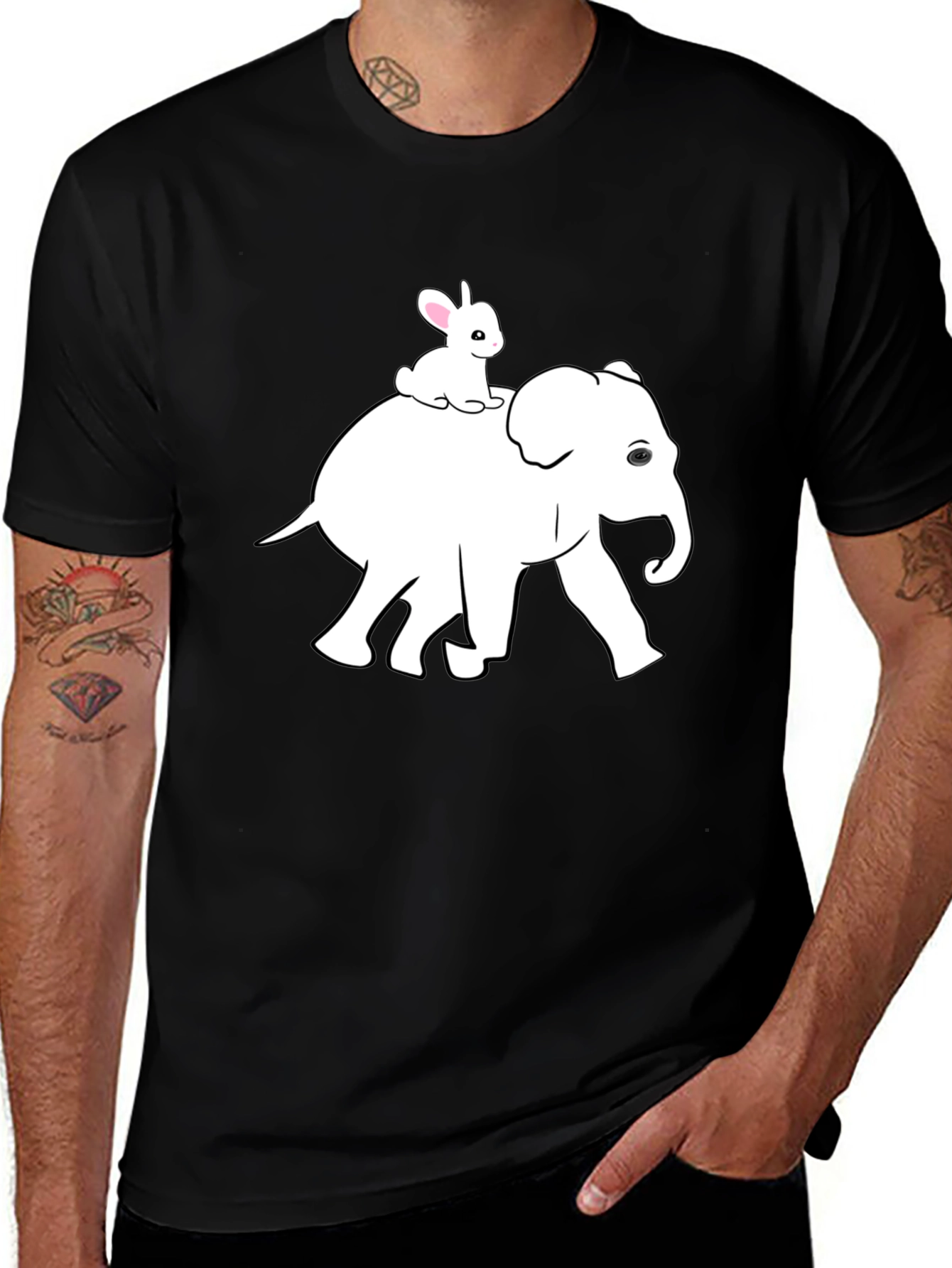 Variant 3 of Elephant and Bunny Graphic Tee - Black Cotton T-Shirt