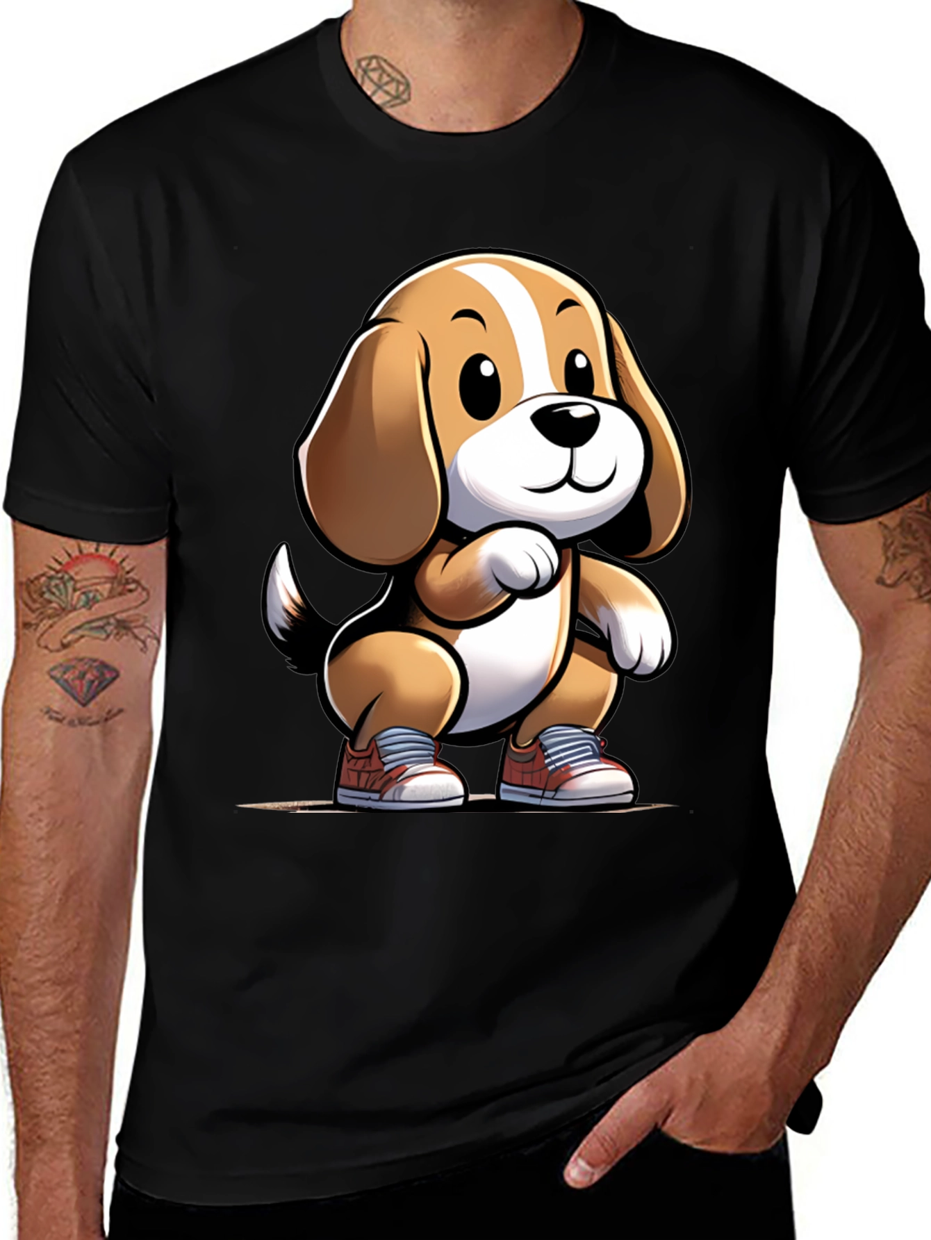 Cartoon Dog Graphic Tee - Black Cotton Shirt