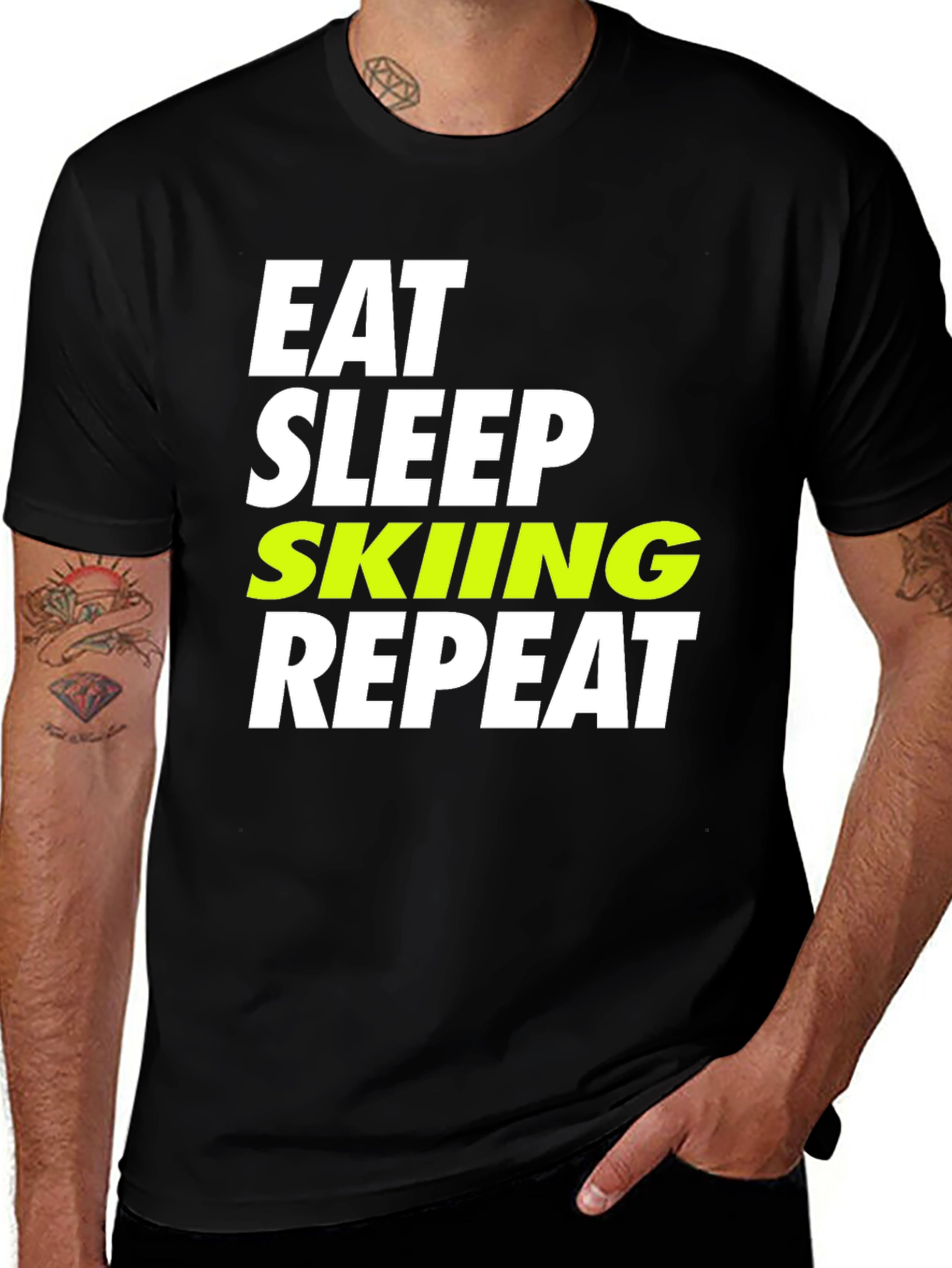 Eat Sleep Skiing Repeat Black Graphic T-Shirt