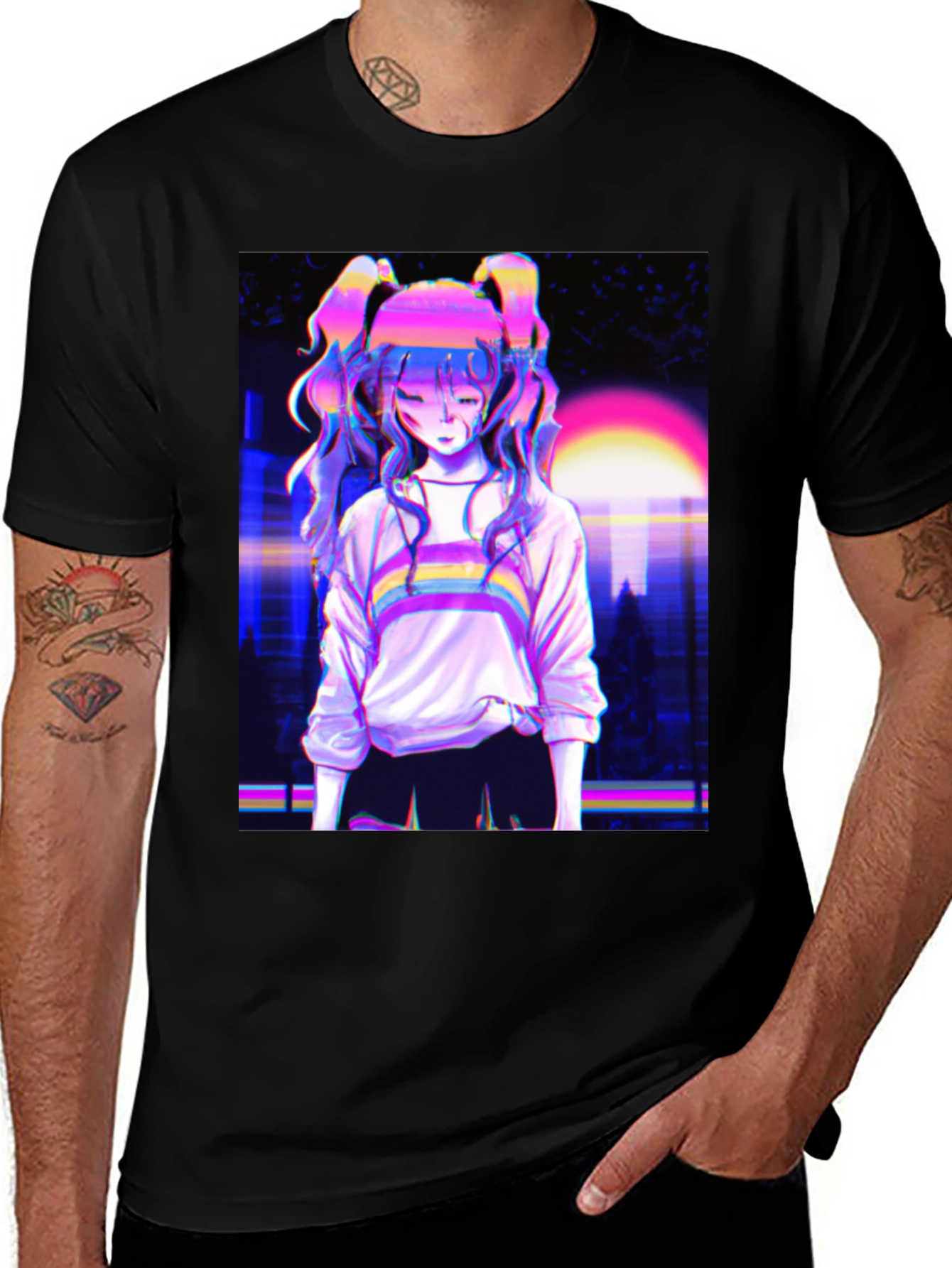 Variant 7 of Vaporwave Anime Girl Graphic Black T-Shirt
