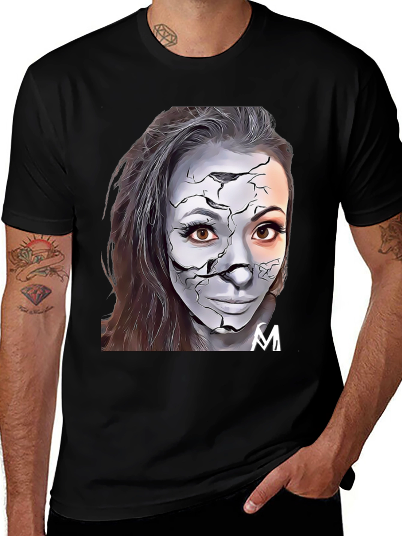 Variant 29 of Cracked Face Art Graphic Black T-Shirt