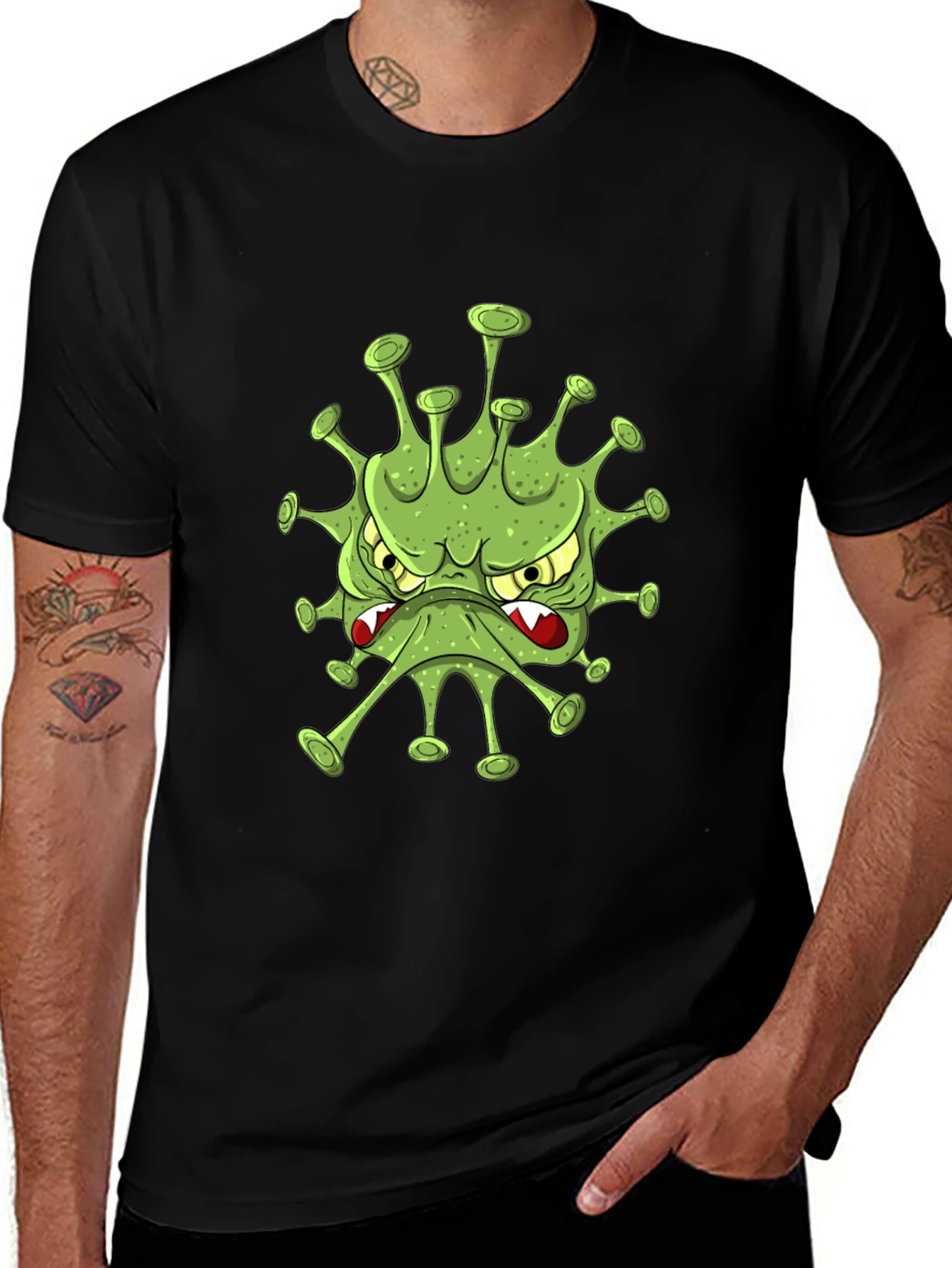 Black Men's Black T-Shirt with Cartoon Virus Design main image