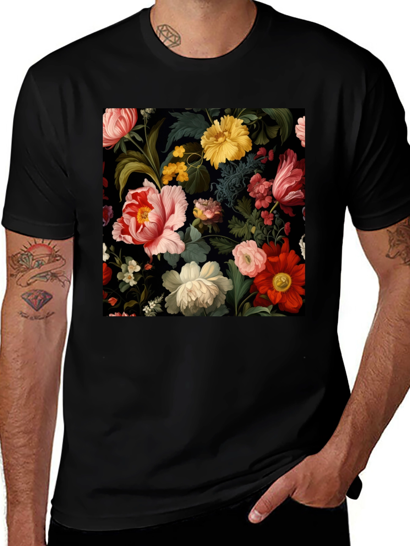 Variant 23 of Floral Print Black T-Shirt for Men