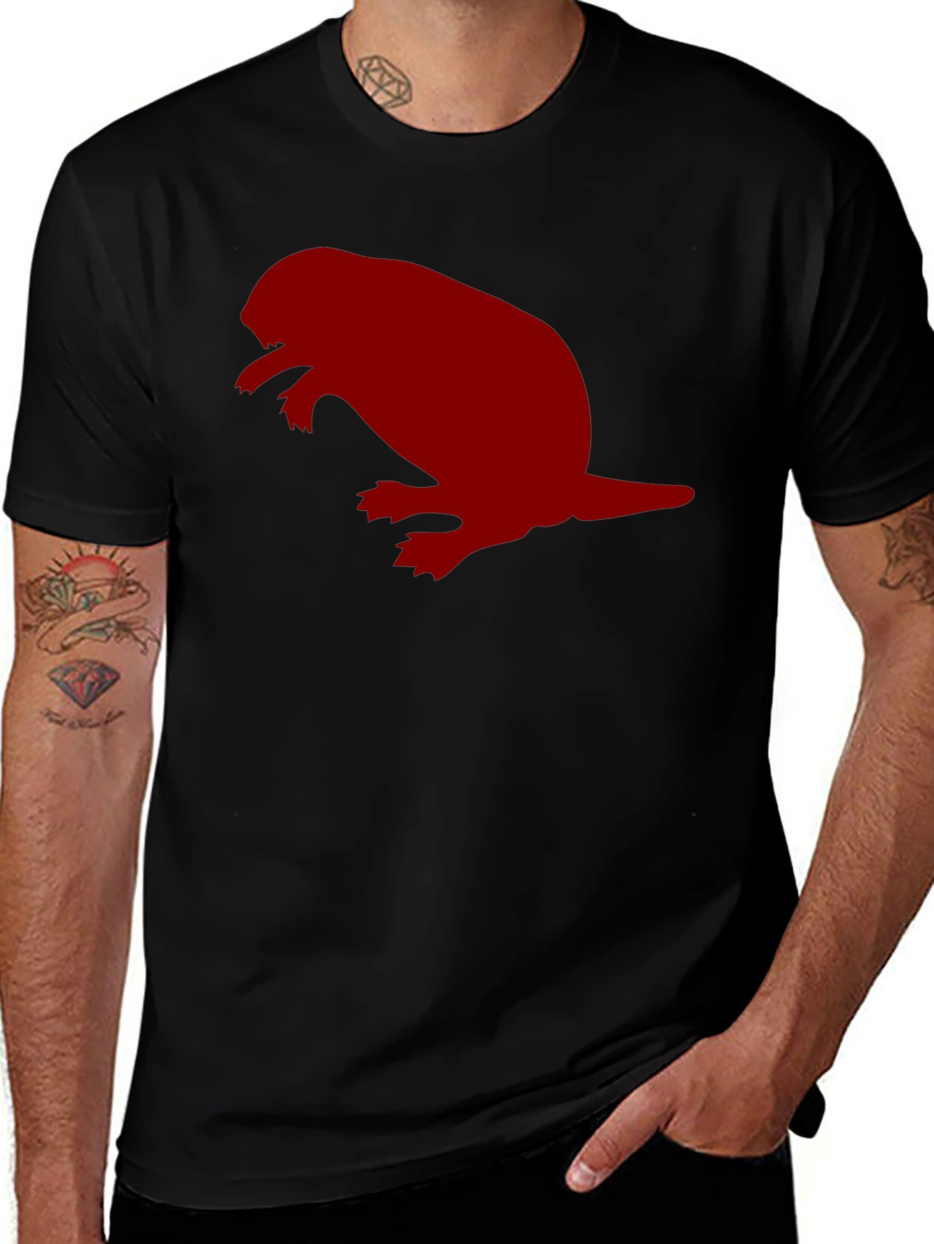 Black T-Shirt with Red Beaver Silhouette