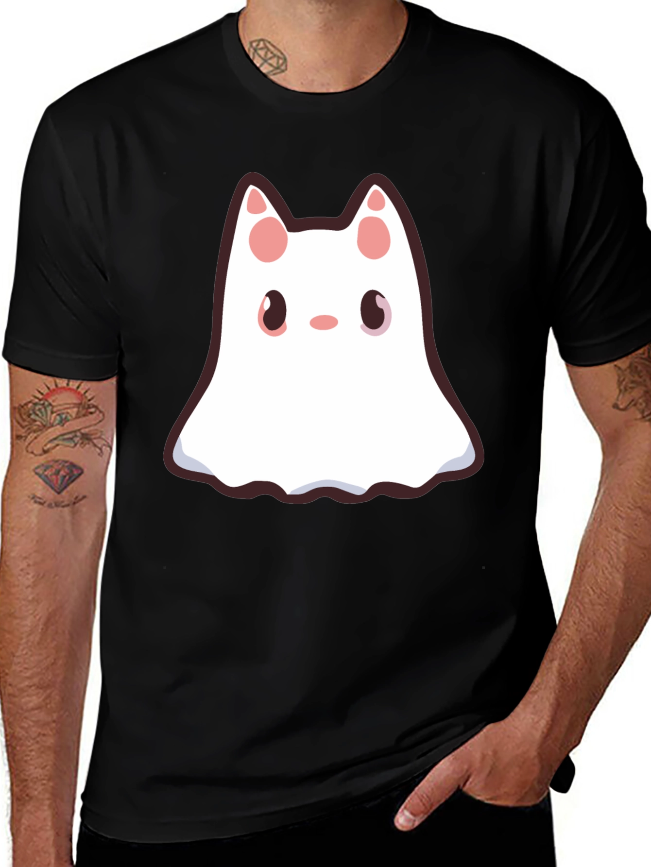 Cute Ghost Cat Black T-Shirt - Halloween Style