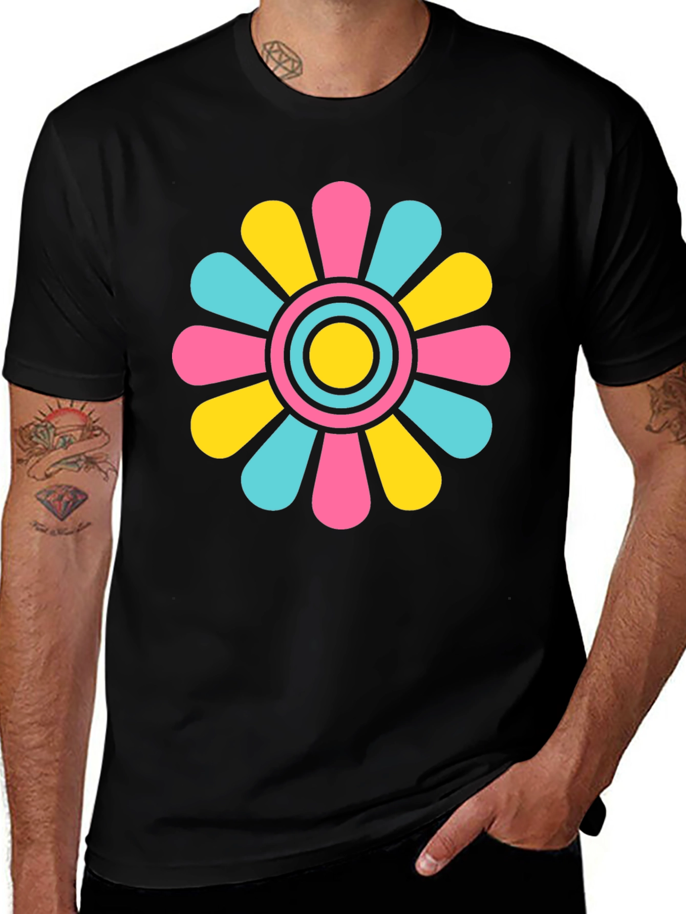 Variant 24 of Retro Flower Power T-Shirt - Black Cotton Blend