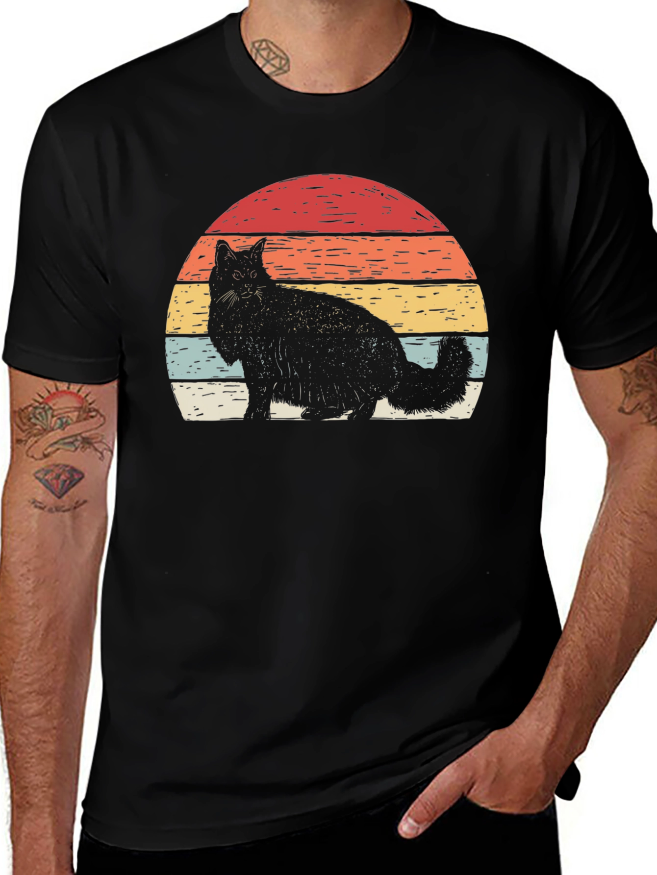 Variant 18 of Retro Cat Sunset T-Shirt - Black Tee