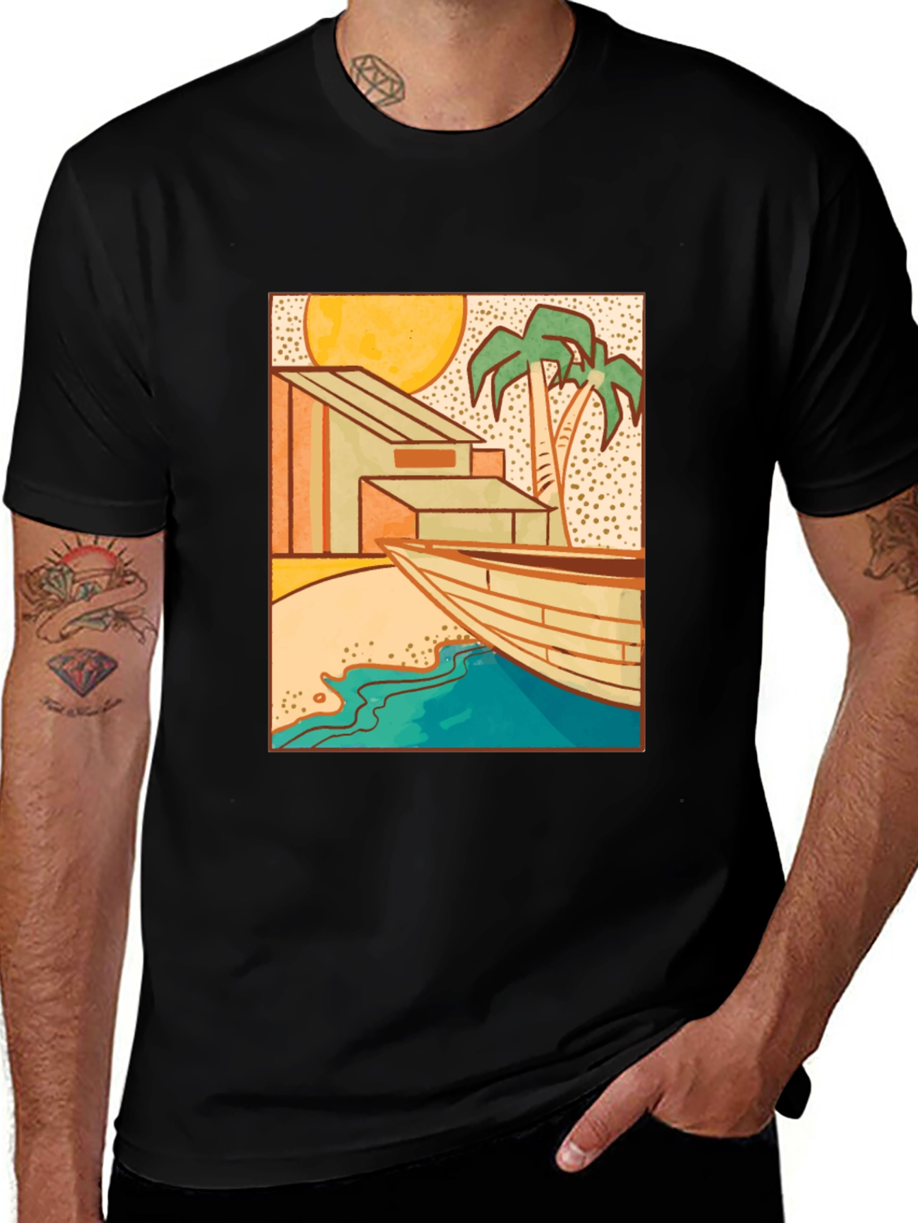 Variant 23 of Retro Beach Scene Graphic Tee - Black
