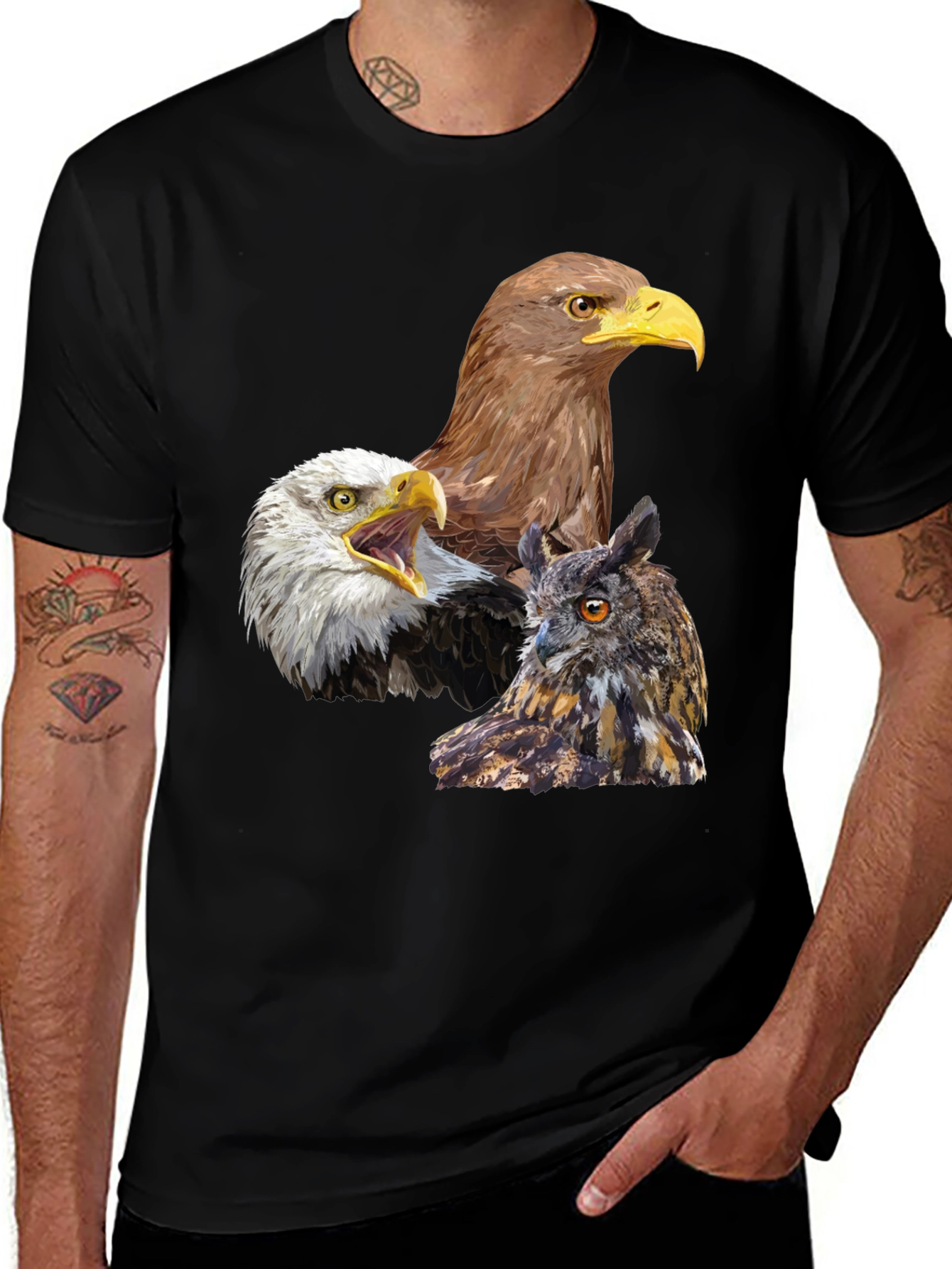 Variant 22 of Eagles and Owl Graphic Print Black T-Shirt