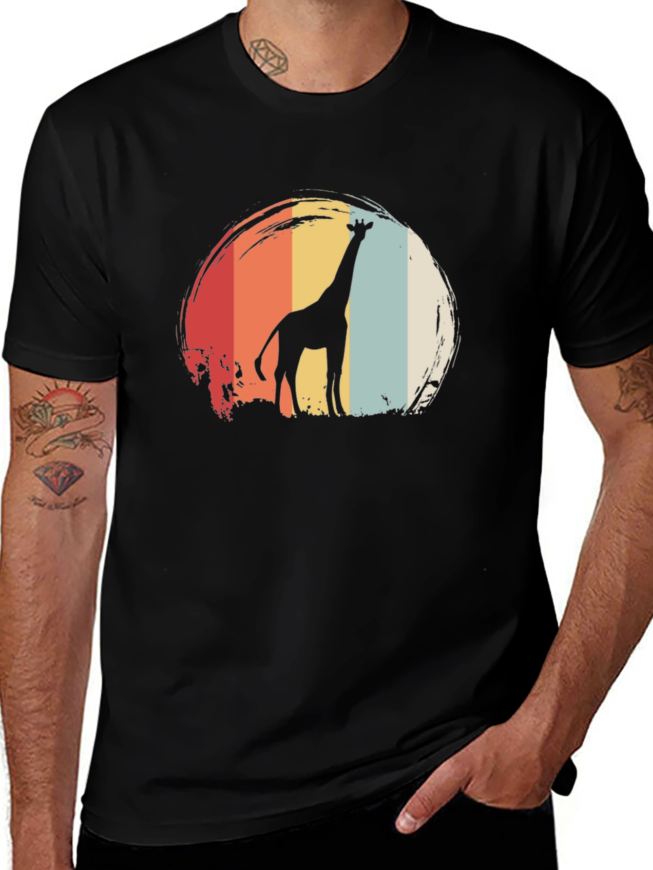 Variant 22 of Retro Giraffe Sunset Graphic Tee - Casual Black T-Shirt