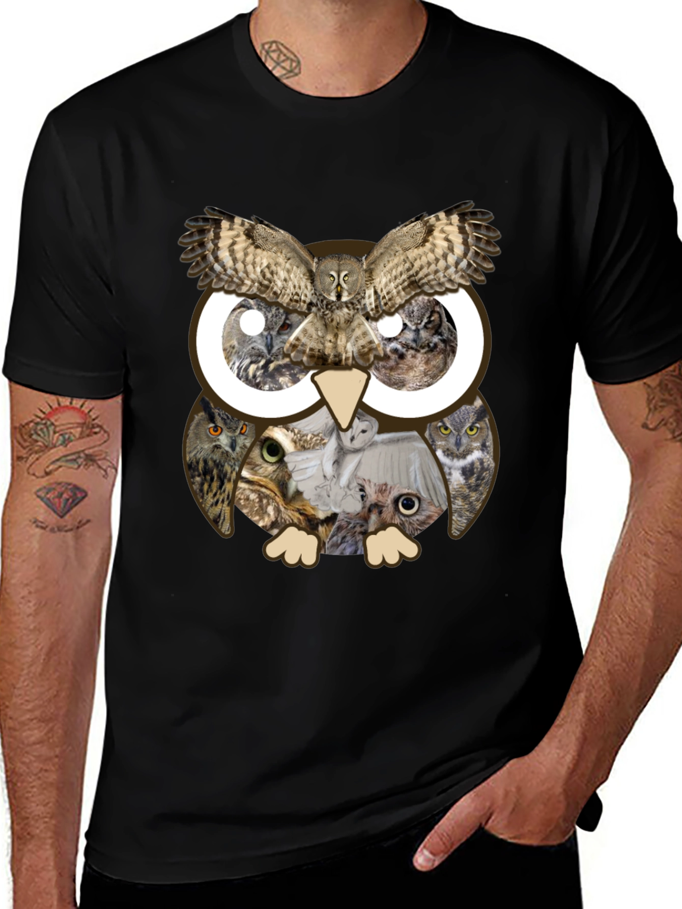 Variant 26 of Owl Collage Print Black T-Shirt
