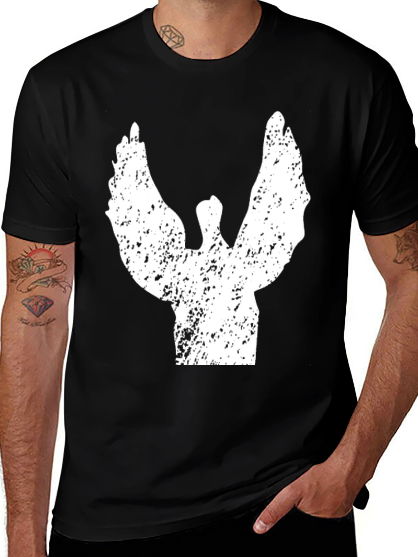 Variant 6 of Grunge Angel Wings Graphic Tee - Black Cotton T-Shirt