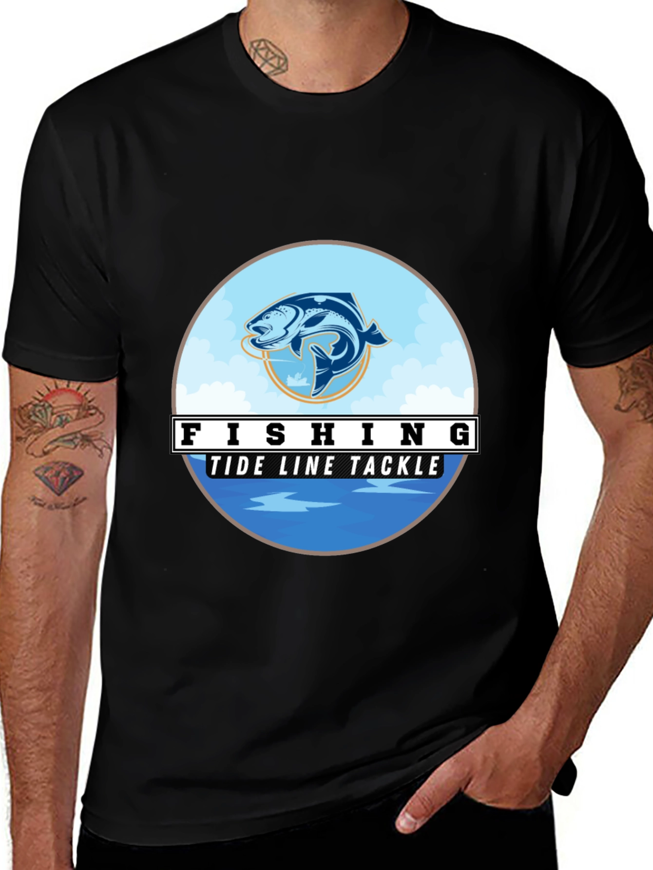 Black Fishing Tide Line Tackle Graphic T-Shirt main image