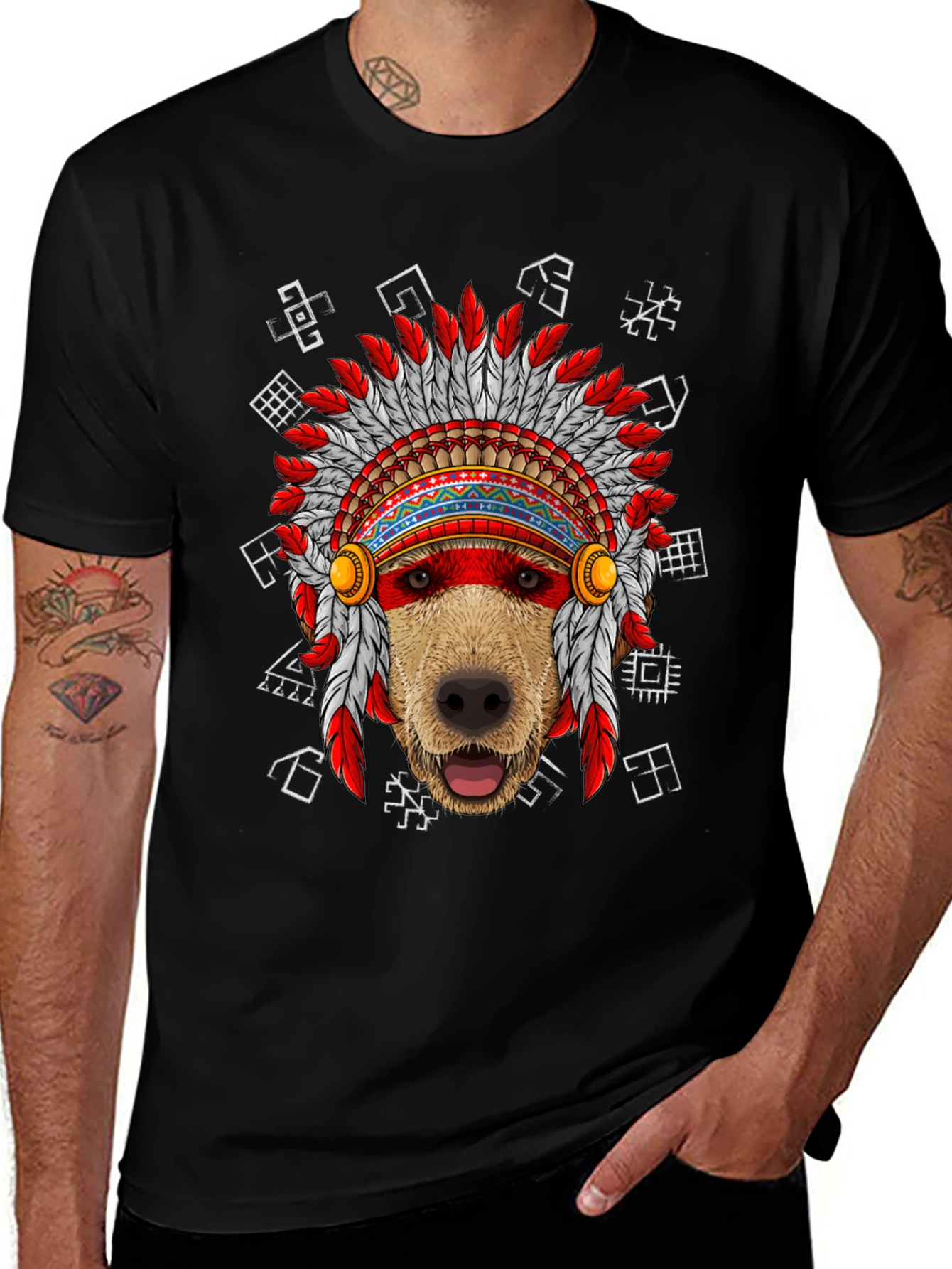 Variant 16 of Dog Headdress Graphic Tee - Native American Indian Style