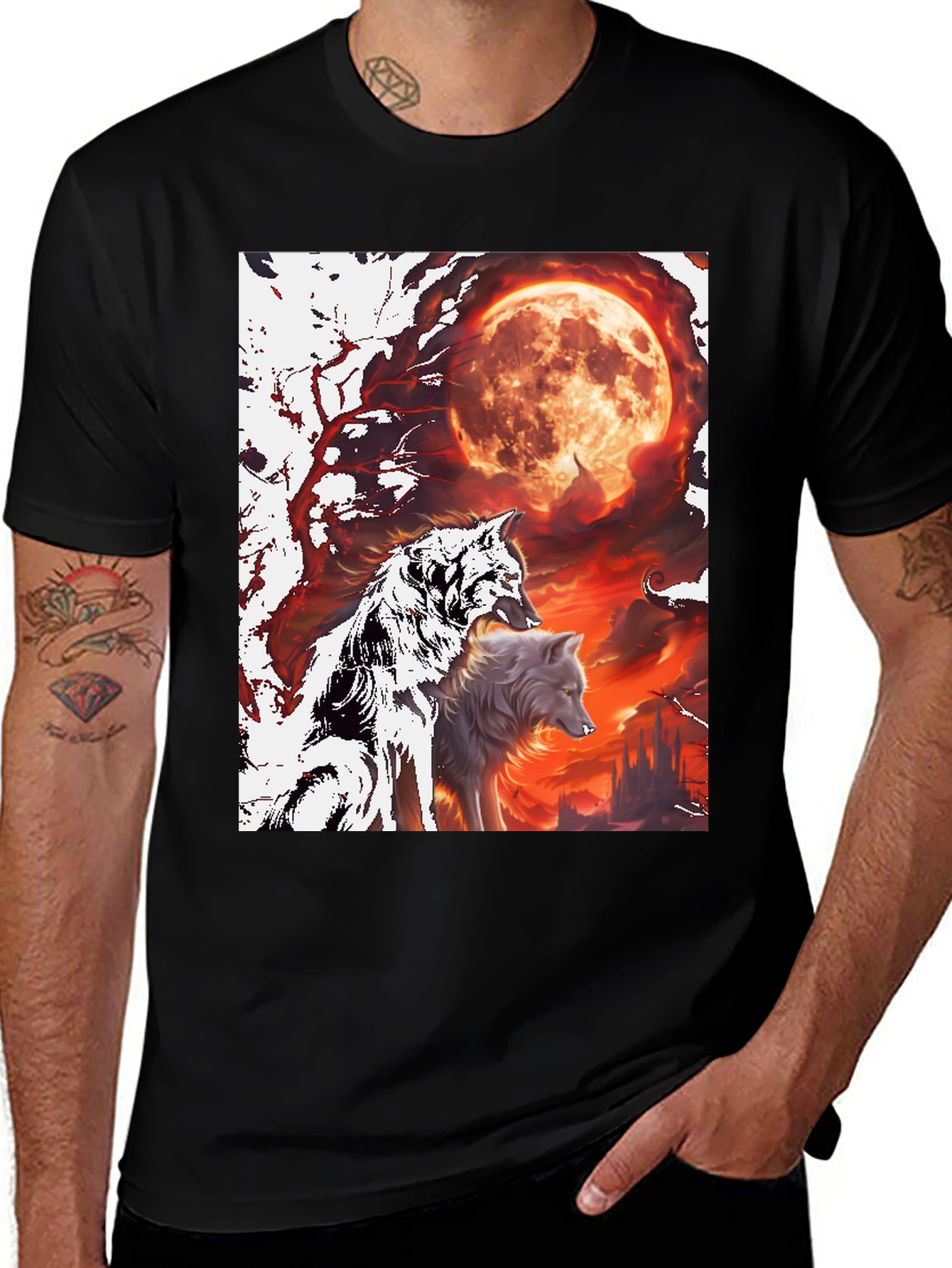 Variant 18 of Wolf Pack Moon Graphic Tee - Black Cotton