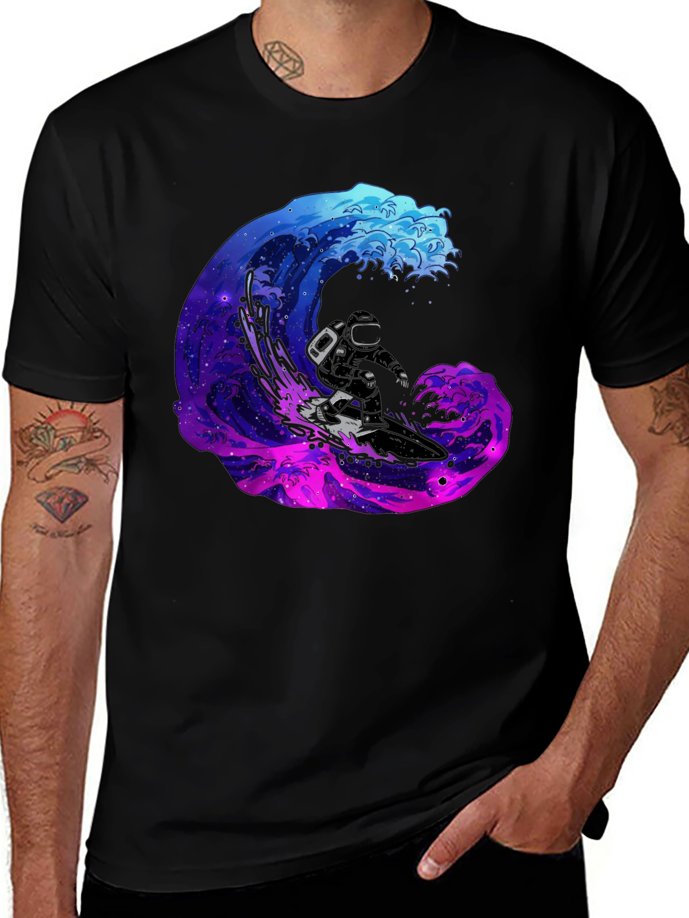 Variant 24 of Astronaut Surfing Galaxy Wave Black T-Shirt