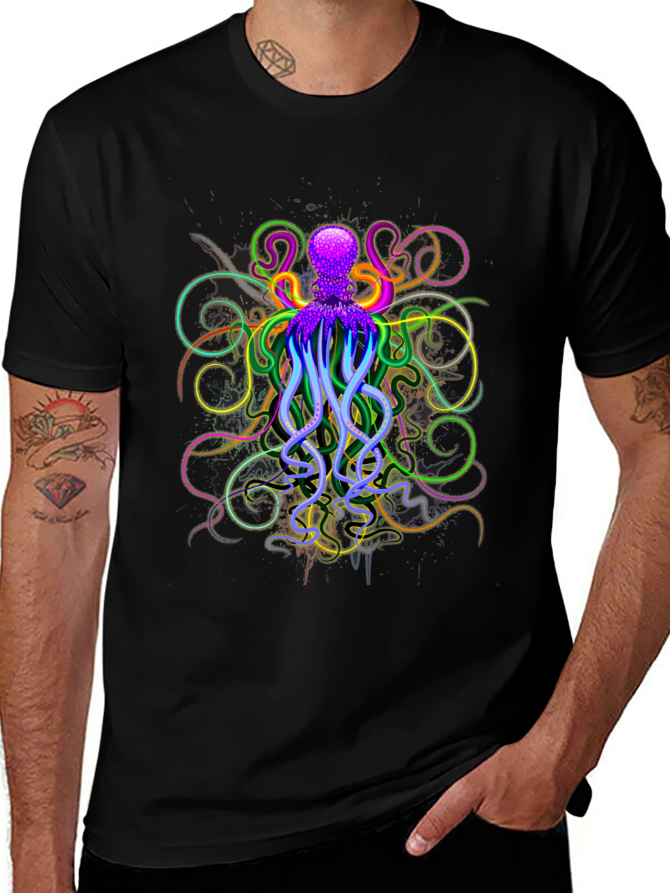 Variant 24 of Neon Octopus Graphic Black T-Shirt