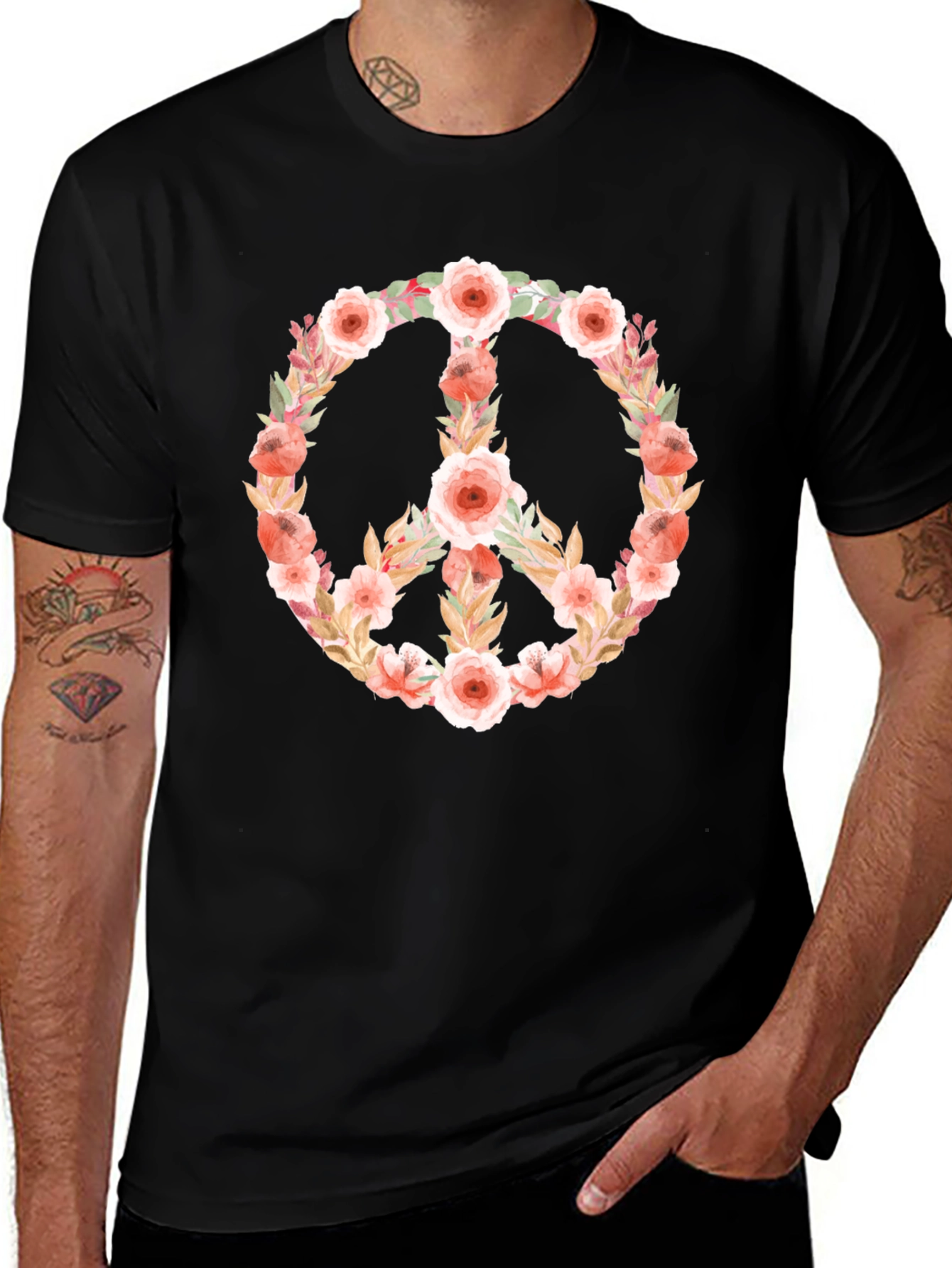 Variant 20 of Floral Peace Sign Graphic Tee - Black