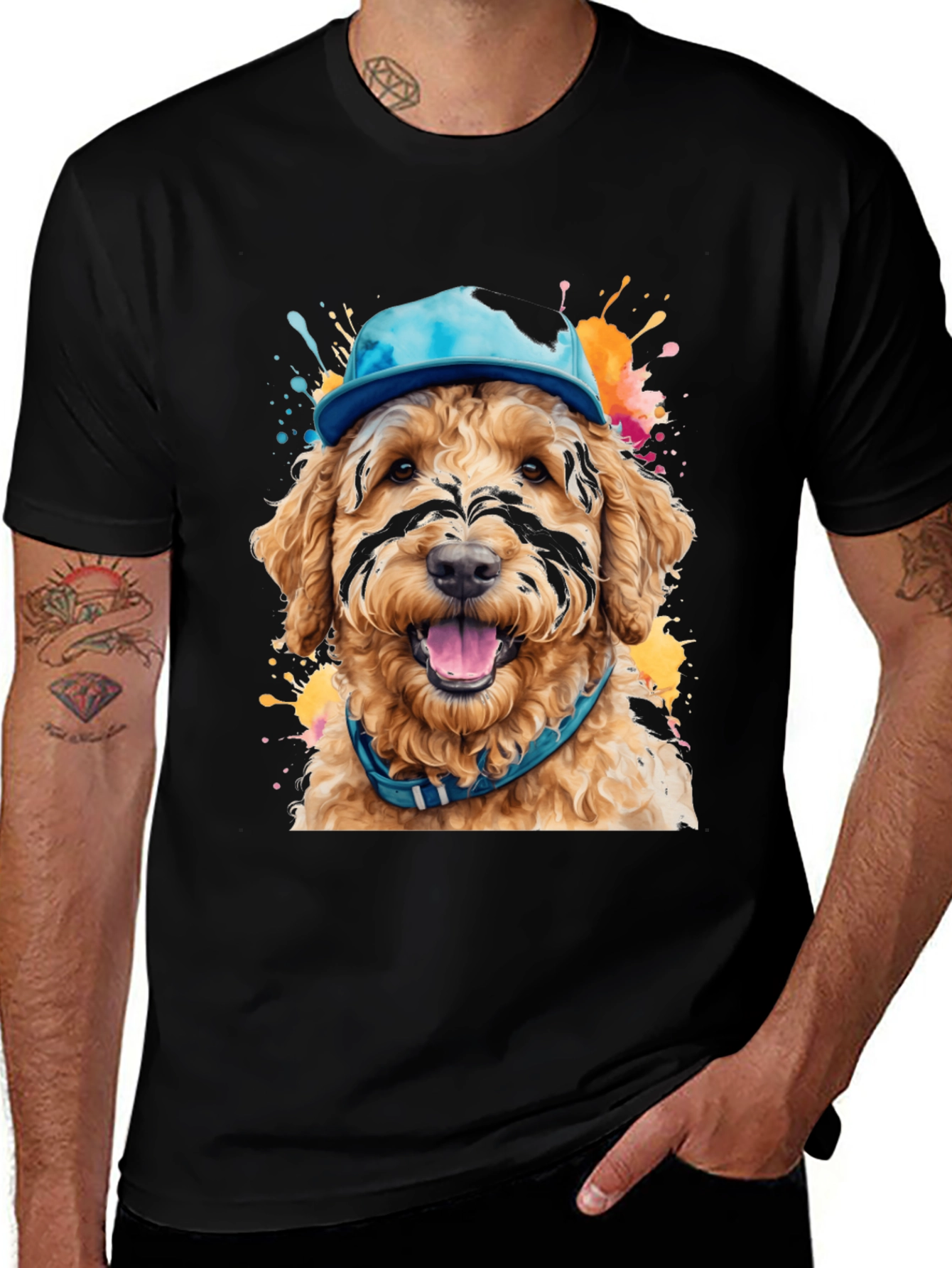 Black Dog in Hat T-Shirt - Unique Artistic Design main image