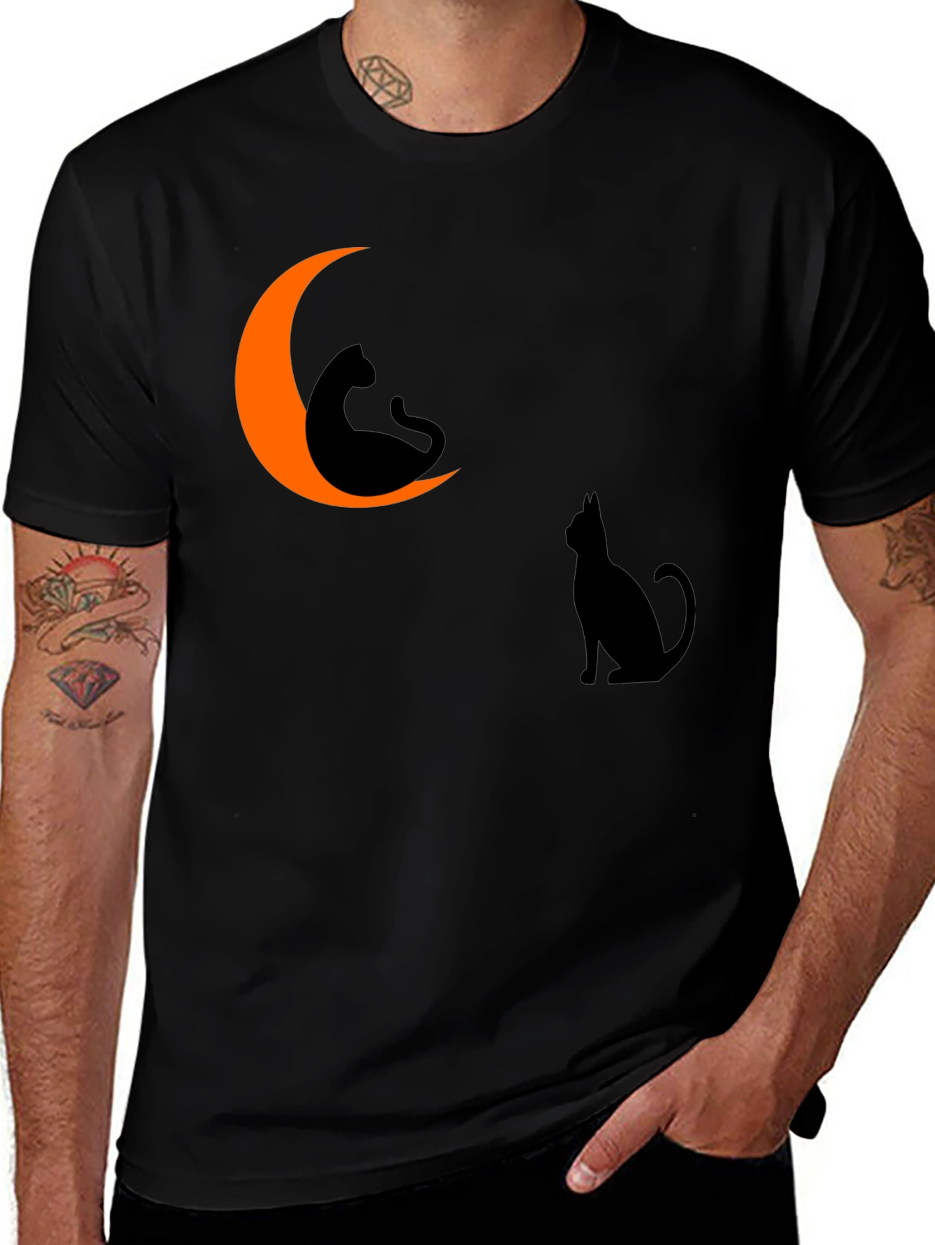 Halloween Cat Moon Graphic Tee - Black Cotton T-Shirt