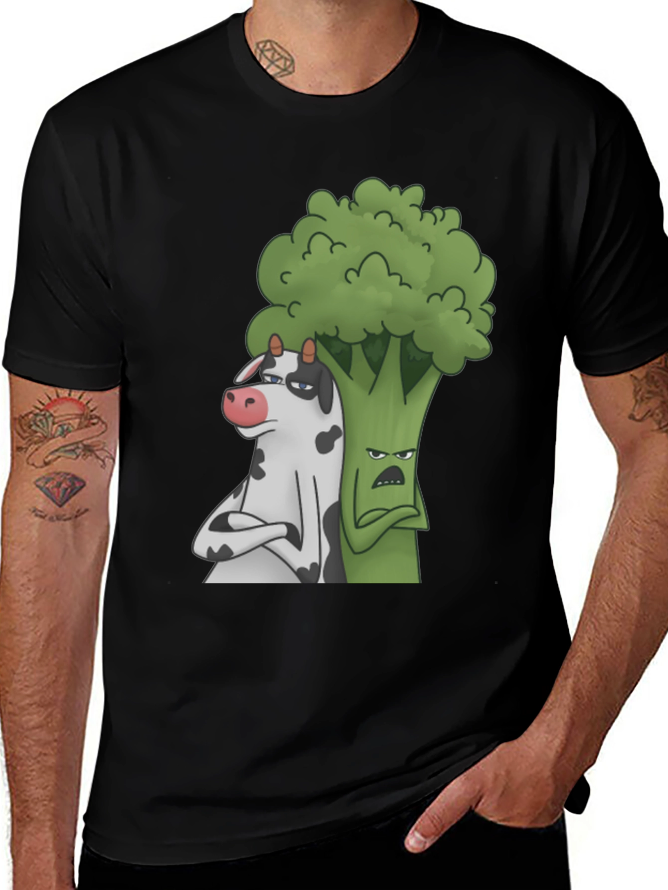 Variant 24 of Cow and Broccoli Cartoon Black T-Shirt