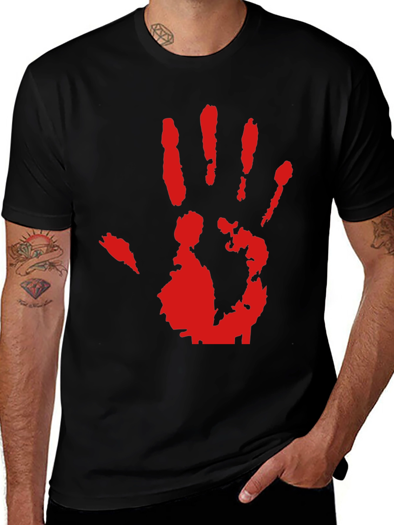 Variant 3 of Red Hand Print Graphic Black T-Shirt