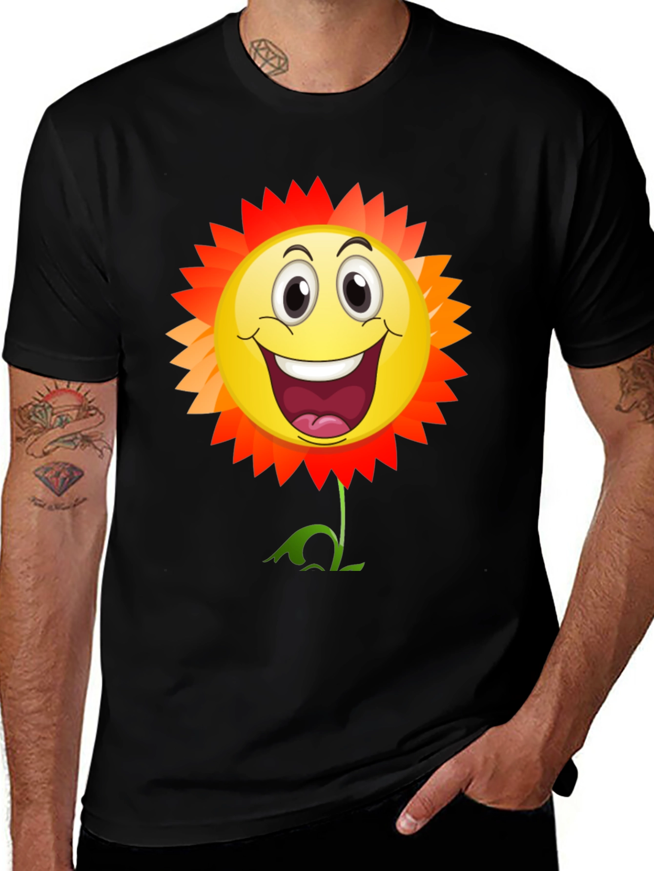 Variant 27 of Smiley Flower Graphic T-Shirt - Black Cotton Tee