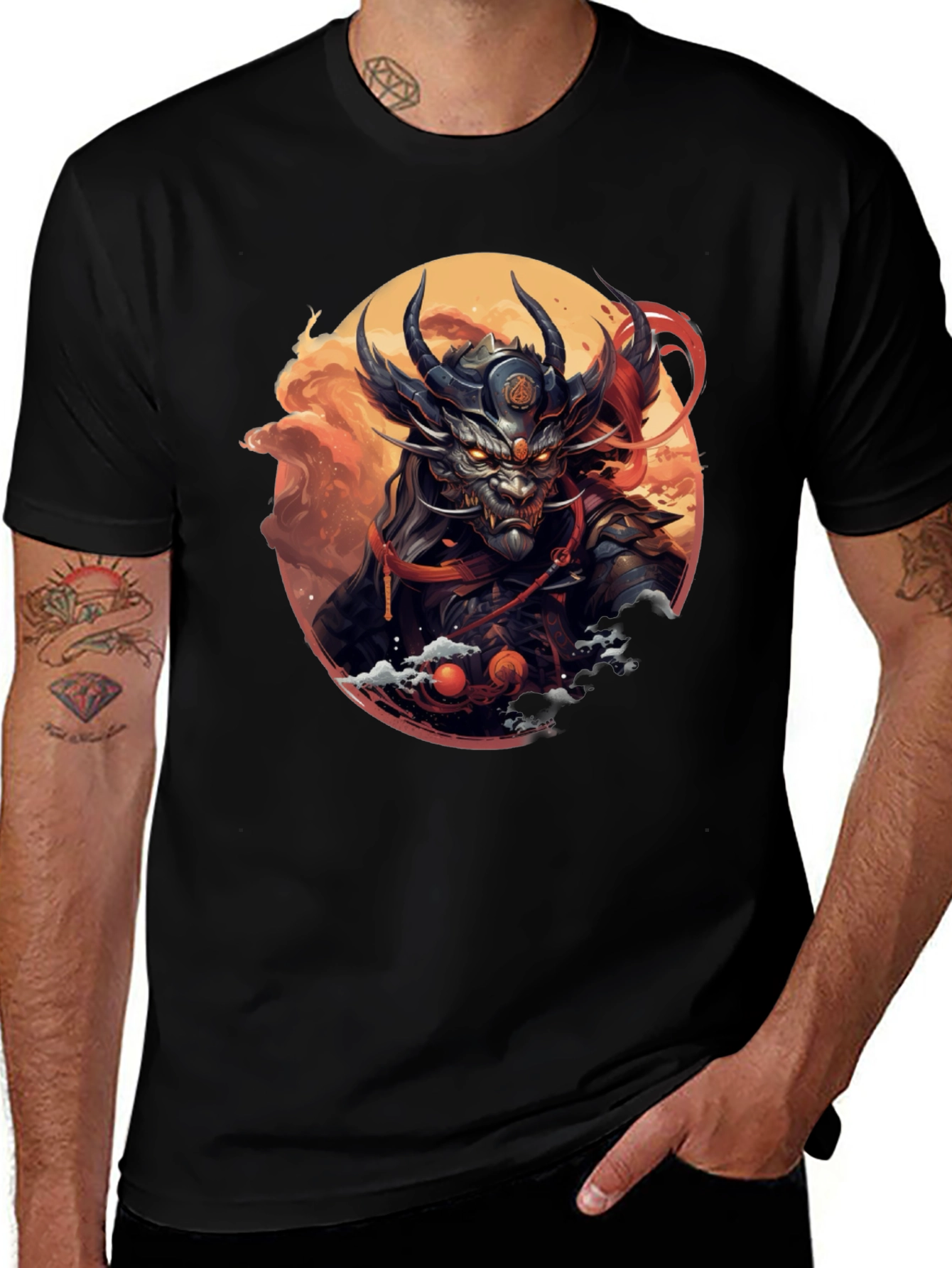 Variant 7 of Men's Black T-Shirt with Dragon Samurai Graphic
