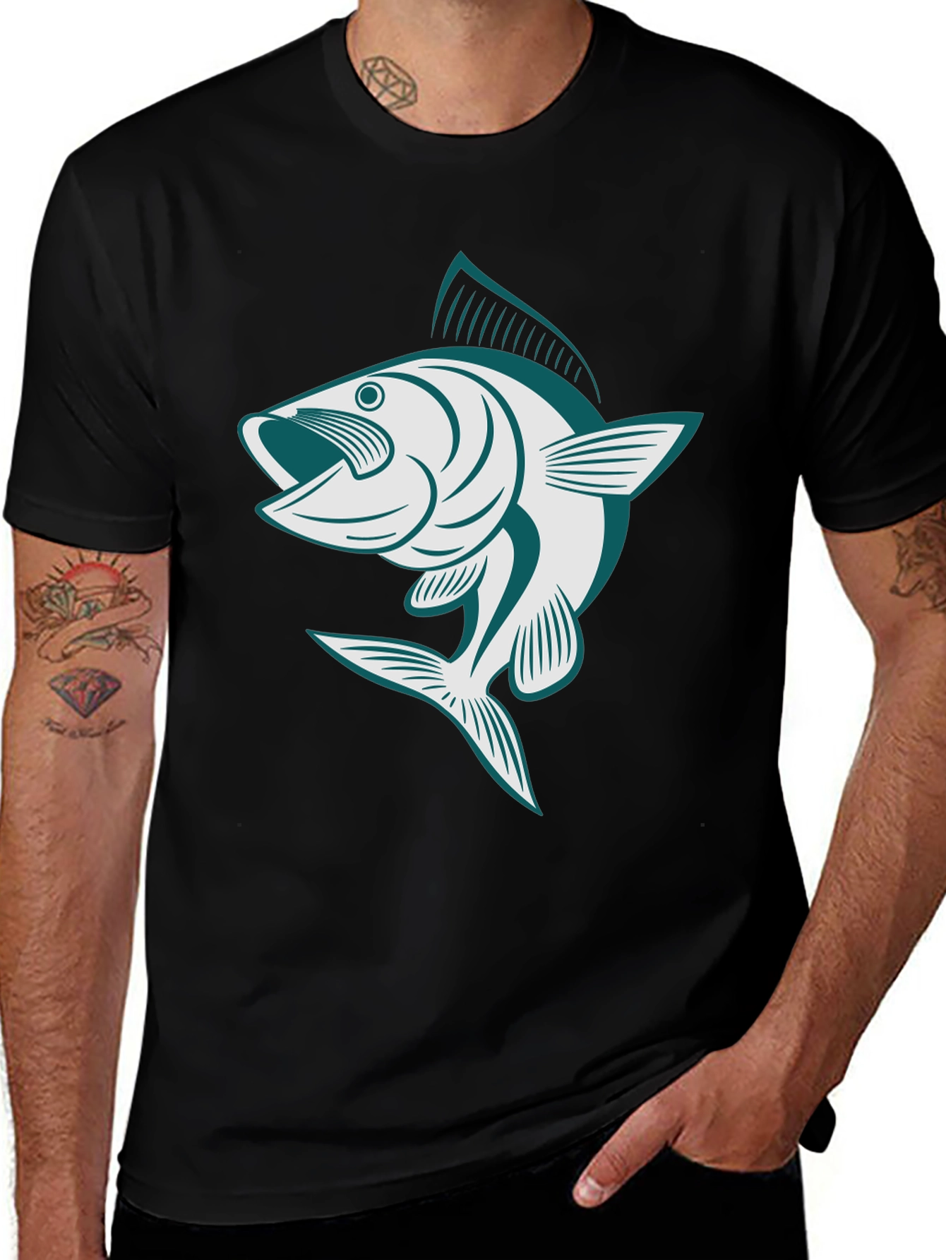 Variant 3 of Men's Black T-Shirt with Fish Graphic