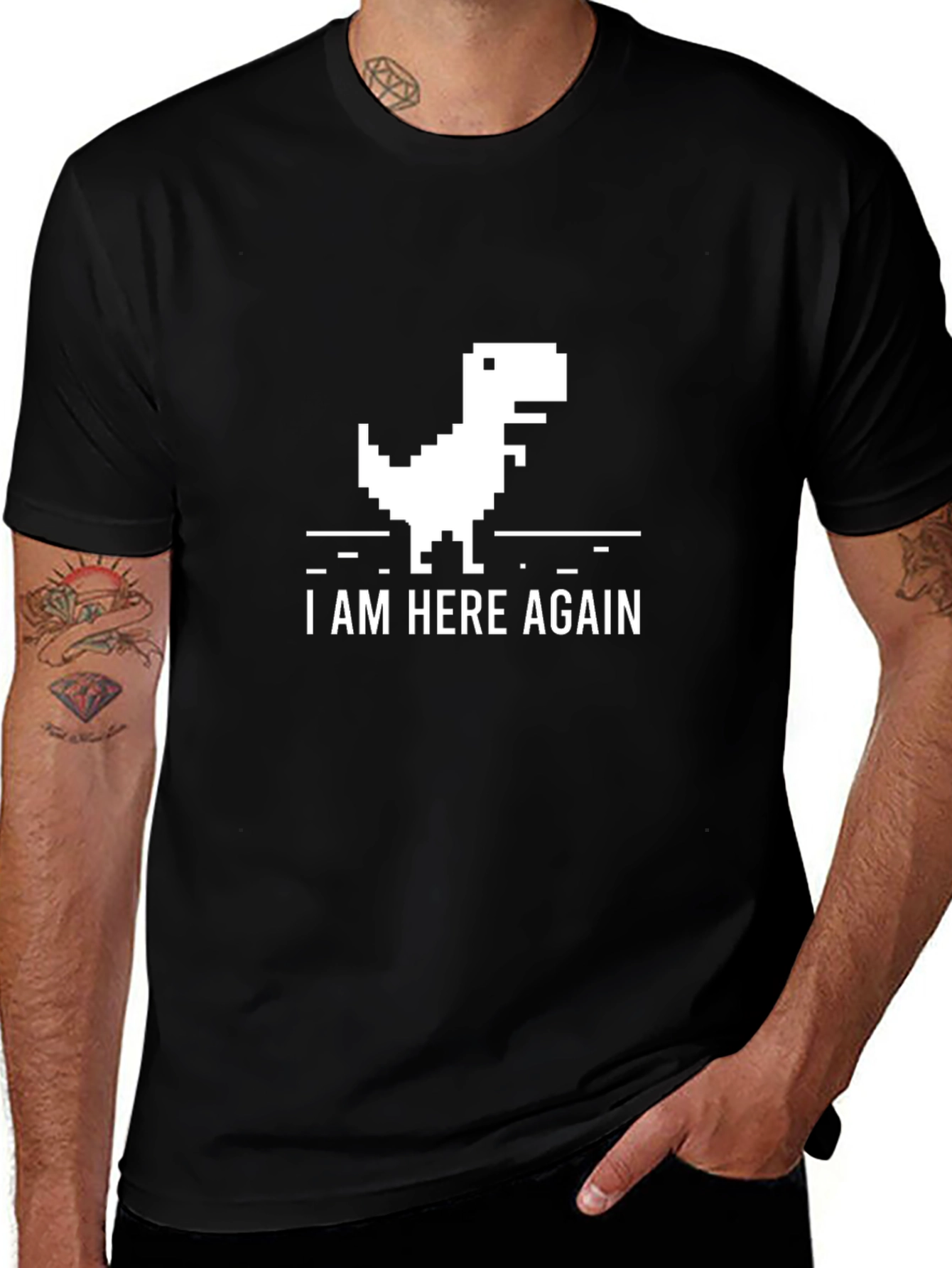Variant 21 of Pixel Dinosaur Graphic Tee - "I Am Here Again" Black T-Shirt