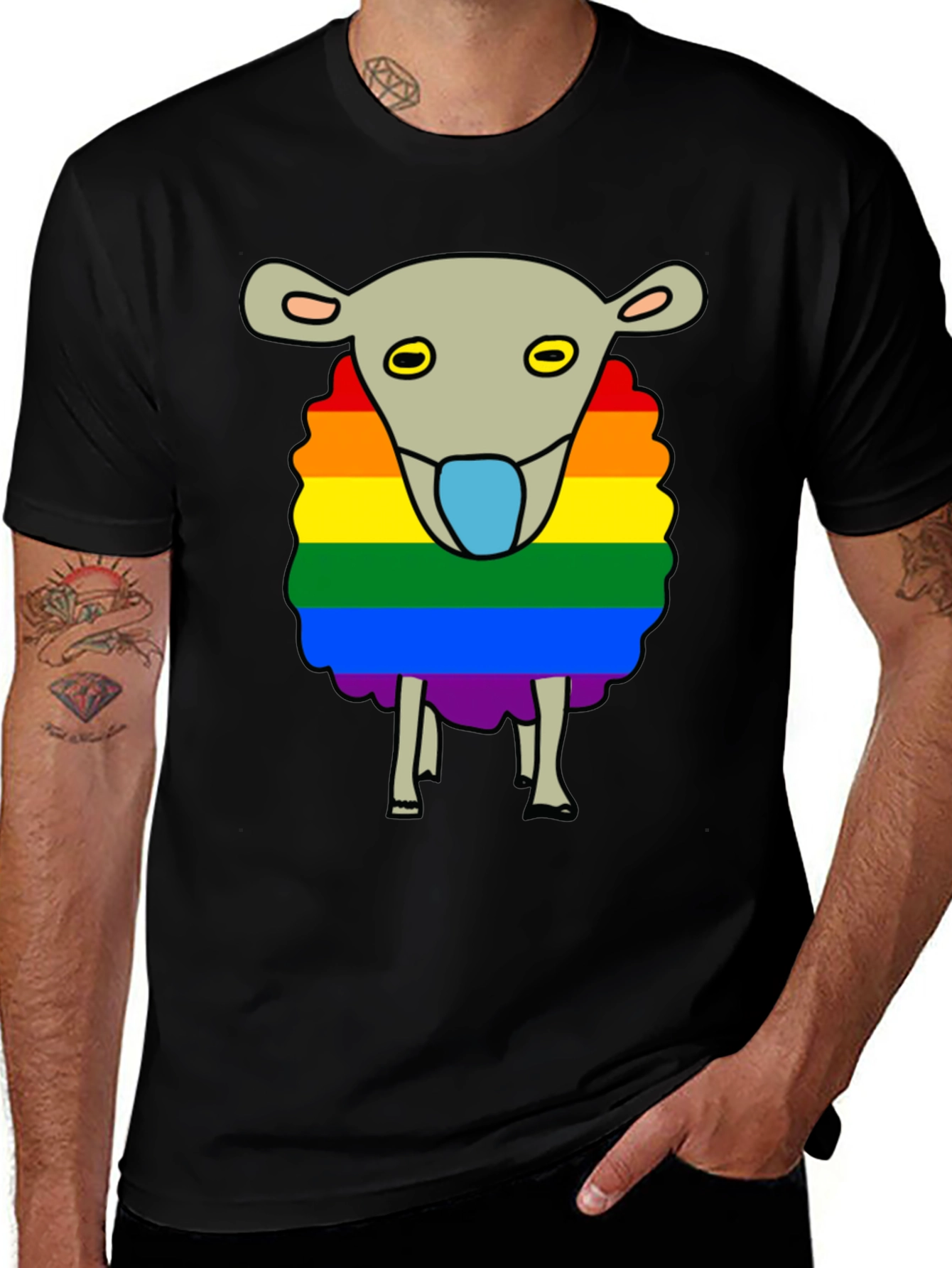 Variant 4 of Rainbow Sheep Graphic Tee - Black Cotton Blend