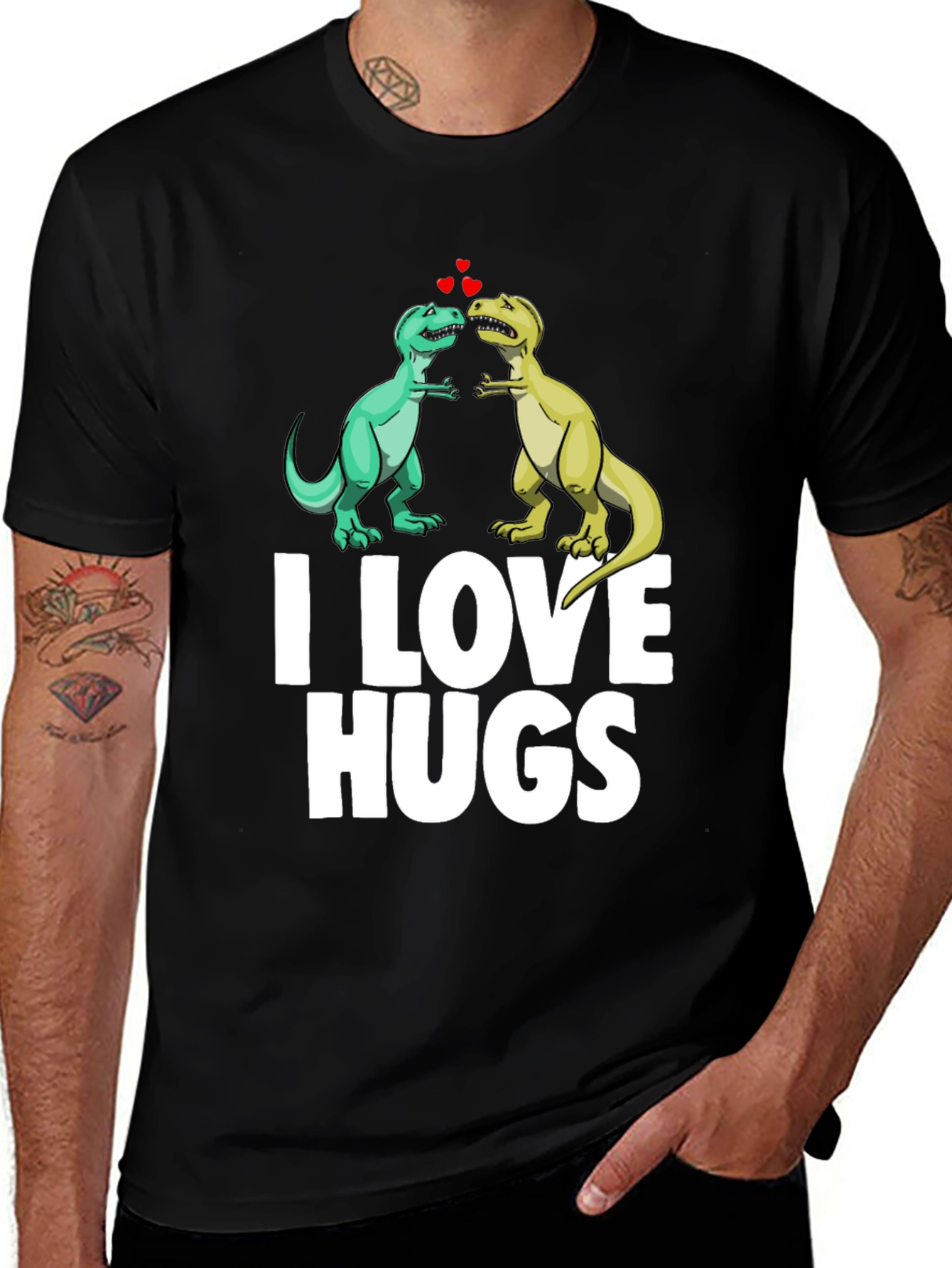 Variant 27 of Dinosaur Hugs Graphic Tee - Black Cotton T-Shirt