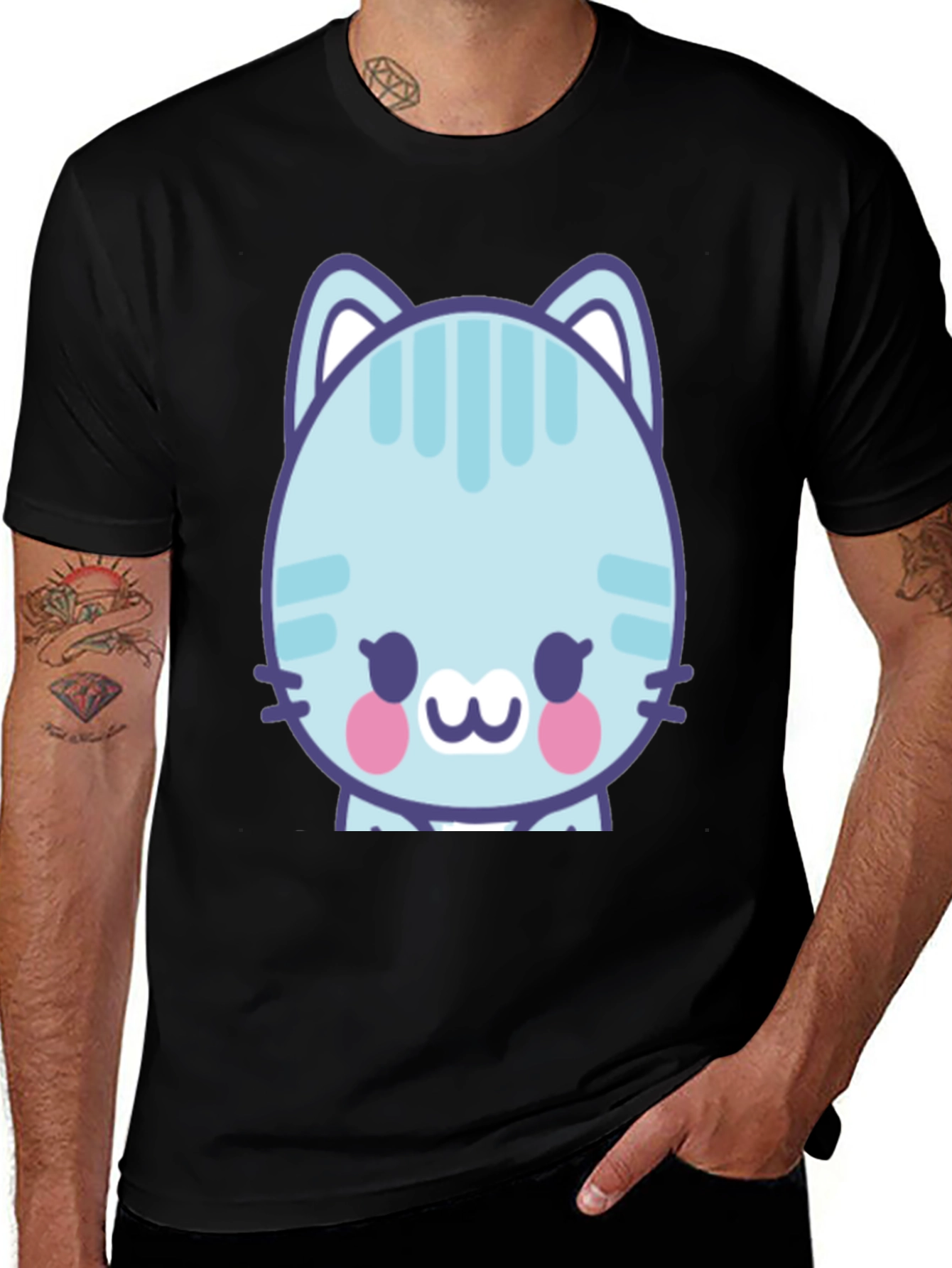 Variant 16 of Cute Cartoon Cat Graphic T-Shirt - Black