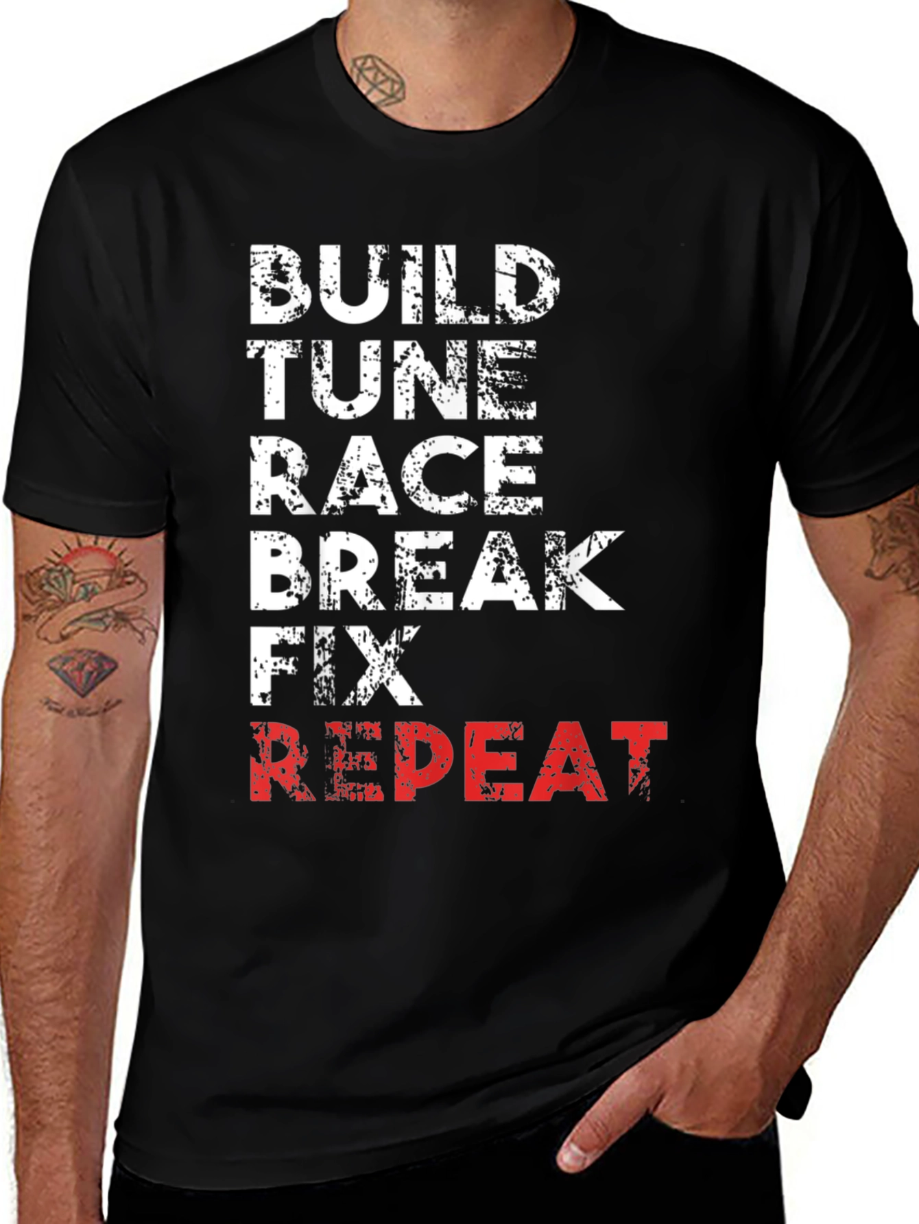 Variant 10 of Build Tune Race Repeat Black T-Shirt