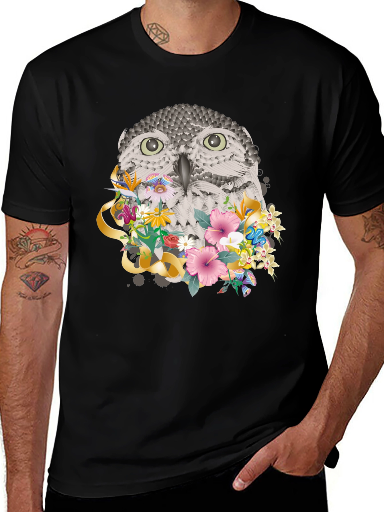 Variant 24 of Floral Owl Graphic Tee - Men's Black T-Shirt