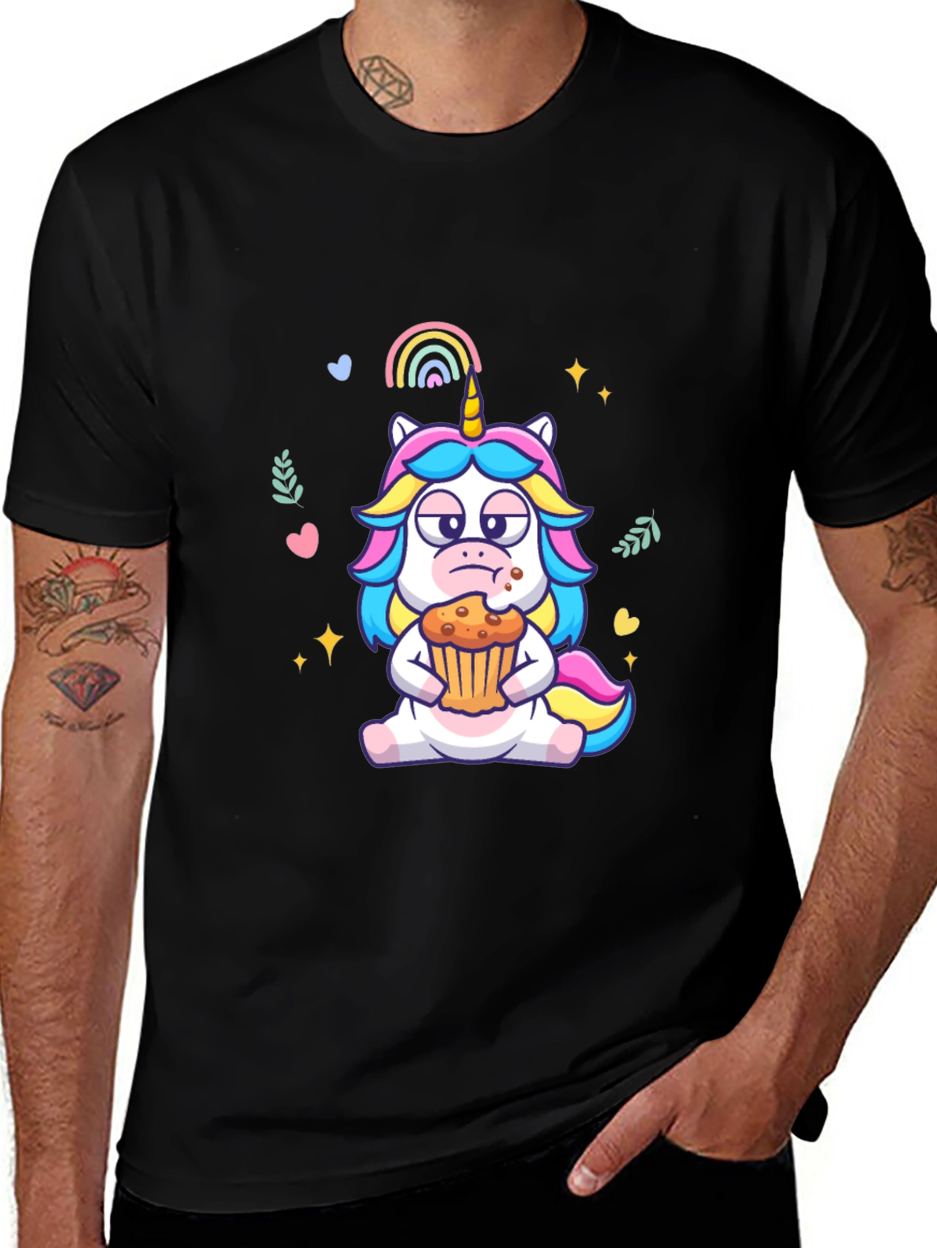 Variant 10 of Unicorn Eating Cupcake Graphic Tee - Black Cotton T-Shirt