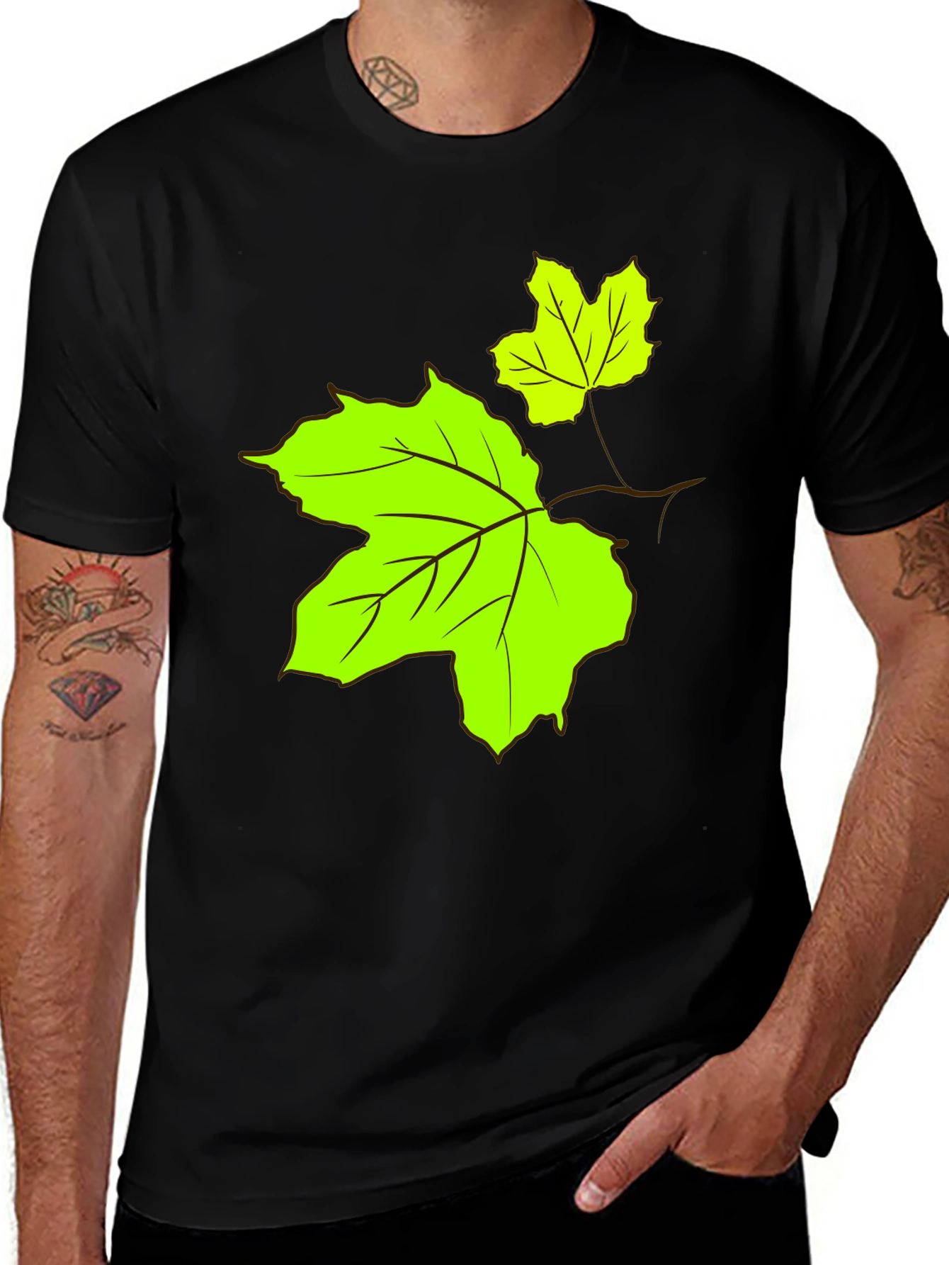 Variant 23 of Men's Black T-Shirt with Green Maple Leaf Design