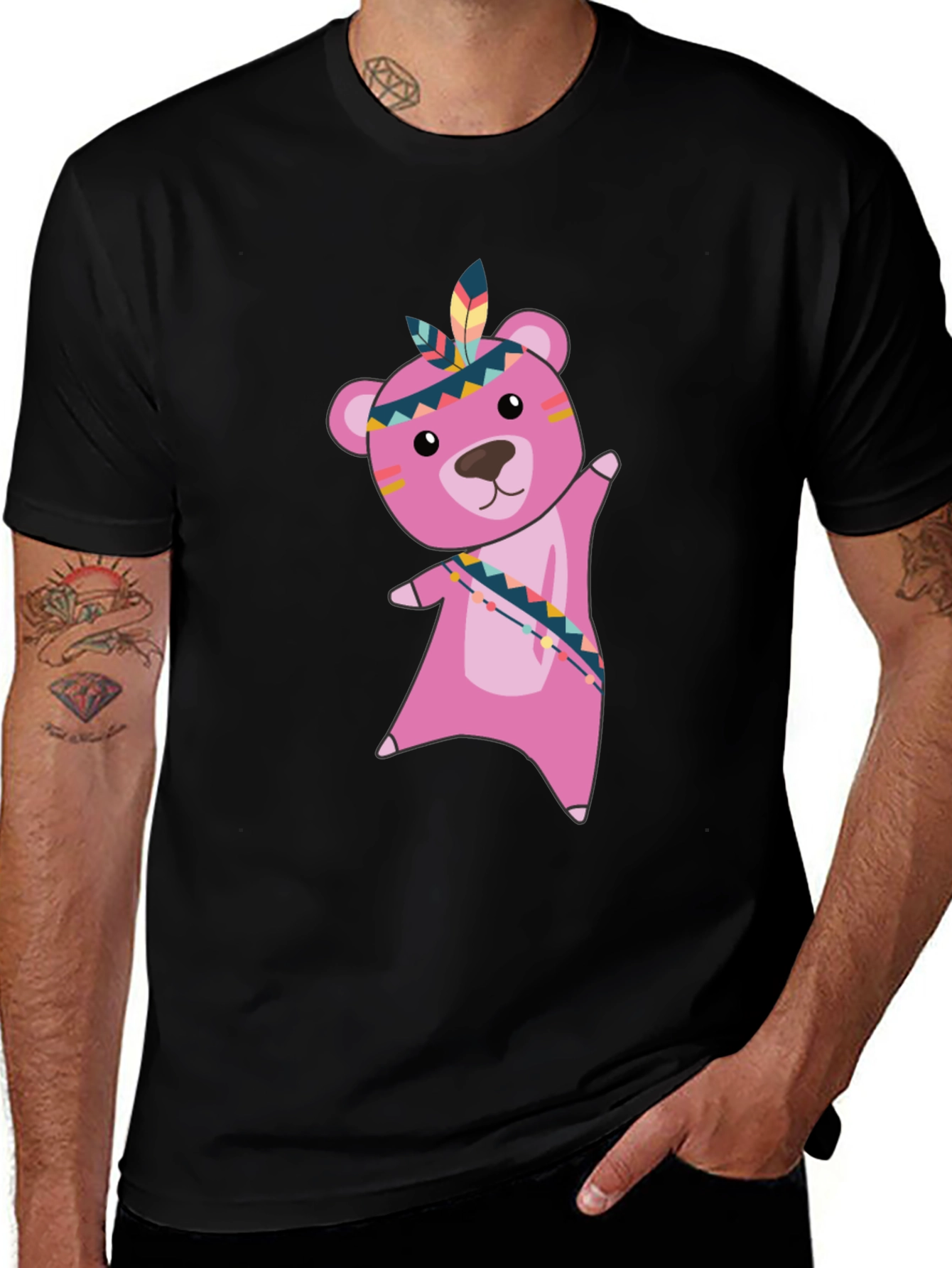 Variant 8 of Black T-Shirt with Pink Native American Bear Graphic