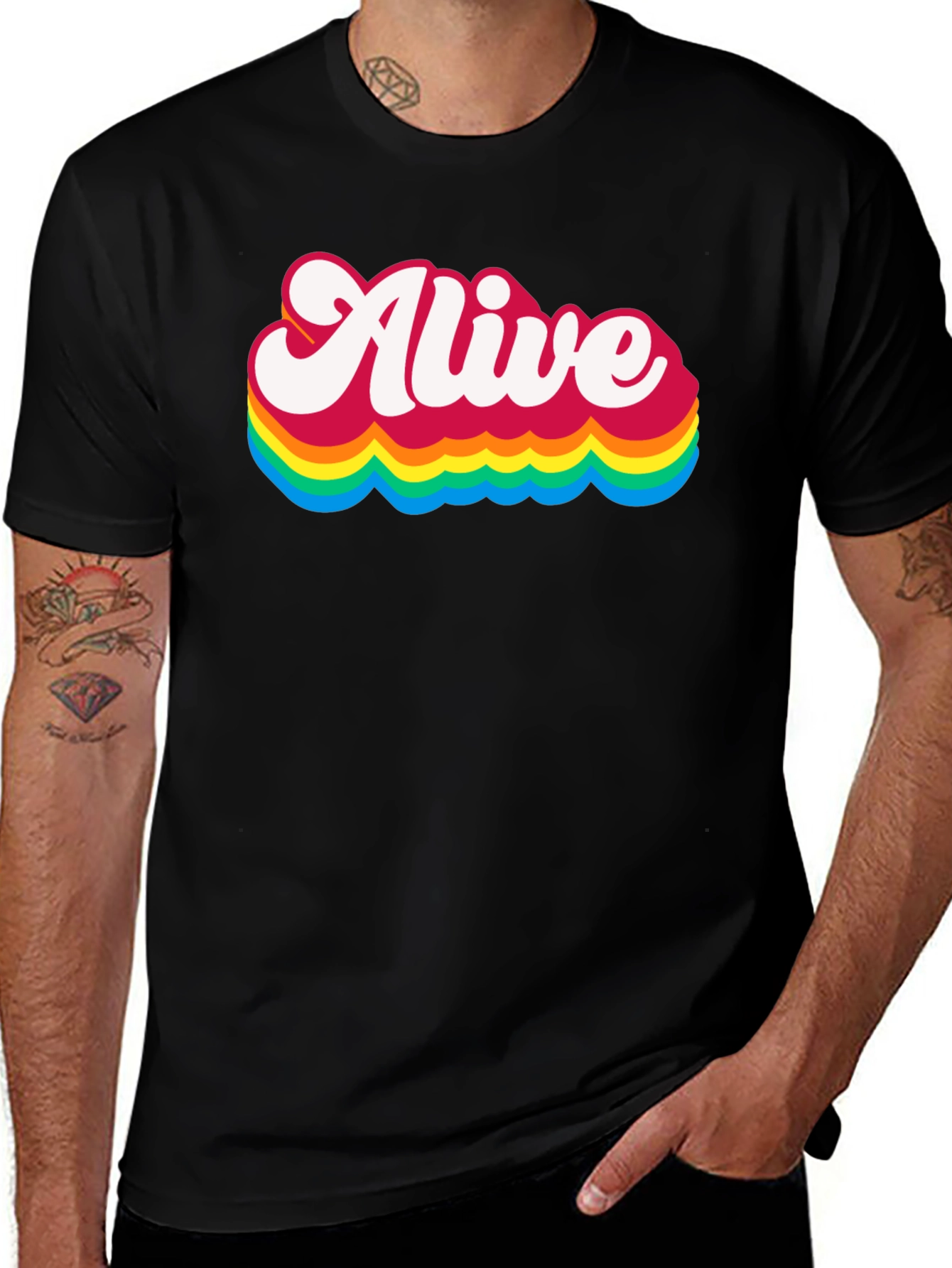 Variant 24 of Alive Rainbow Graphic Tee - Retro Style Black T-Shirt