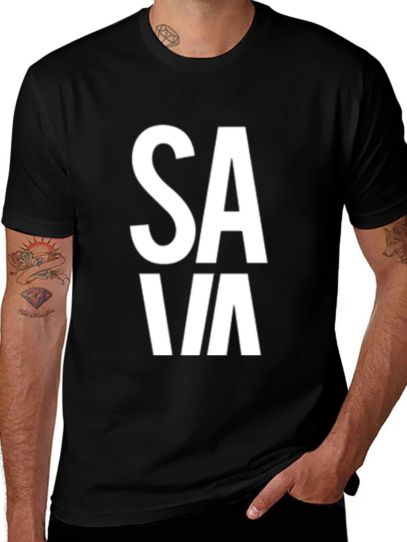 Variant 17 of Bold Graphic Tee - "SA VA" Black T-Shirt
