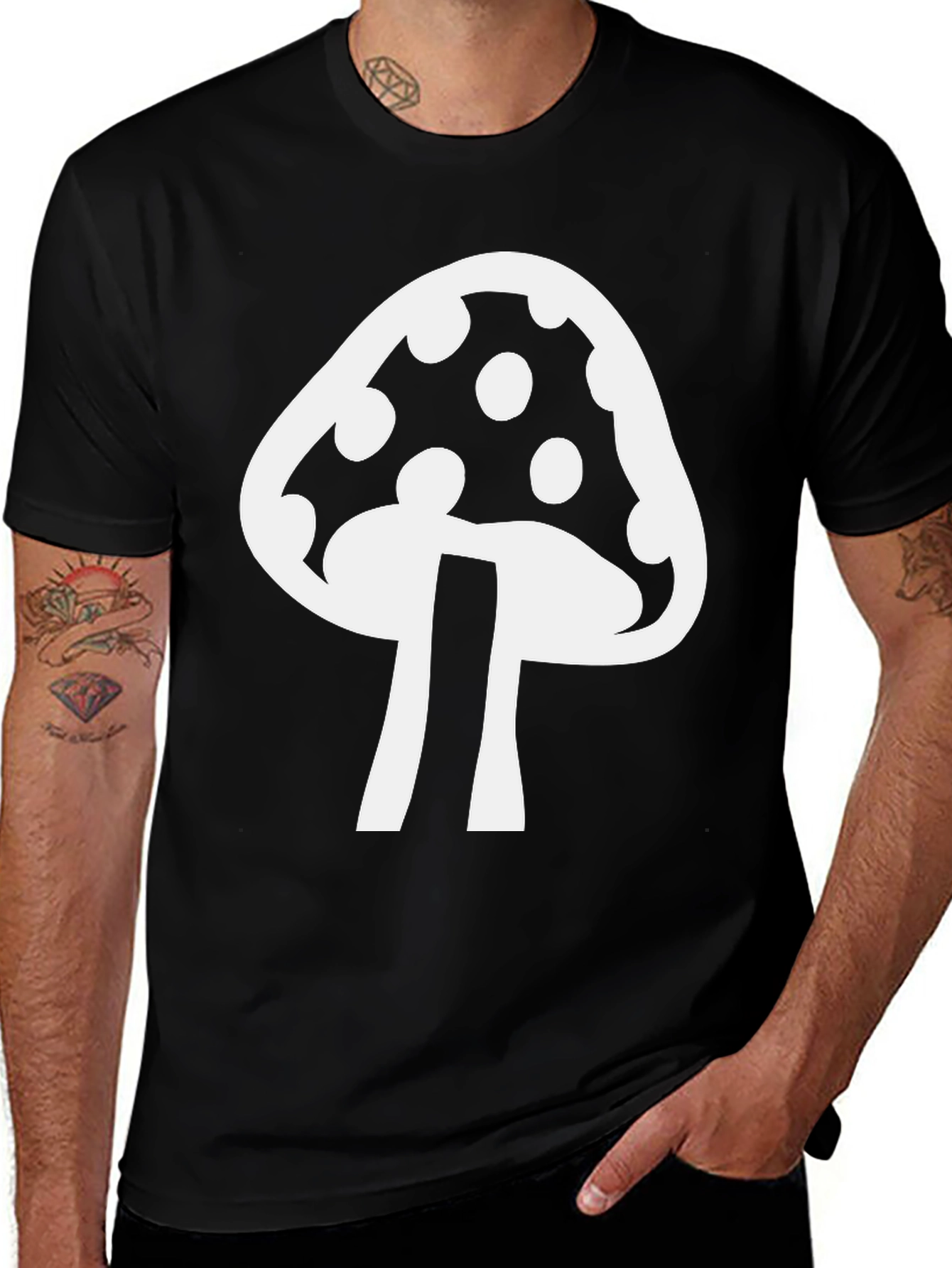 Variant 26 of Mushroom Graphic T-Shirt - Black Cotton Blend Casual Tee