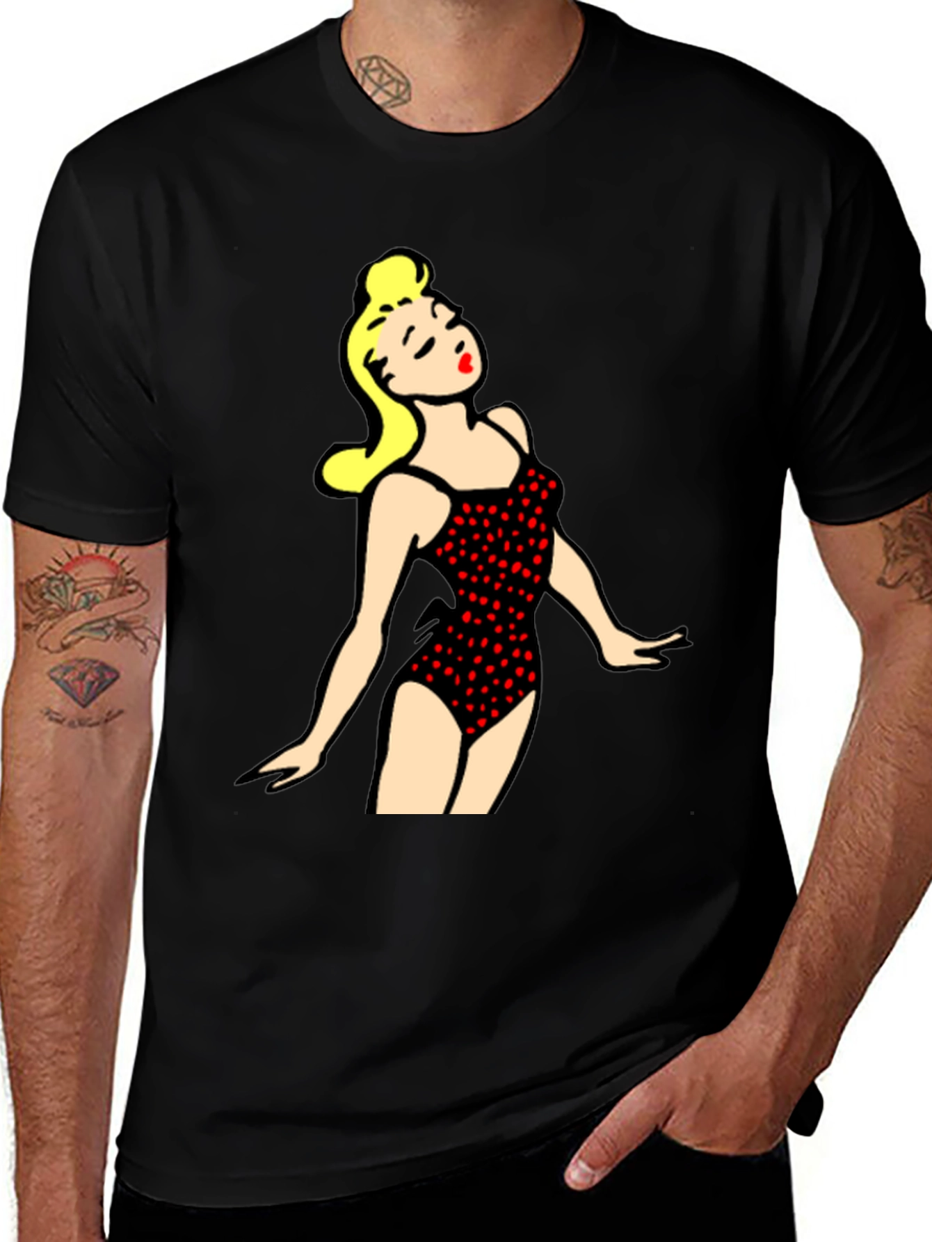 Variant 18 of Retro Swimsuit Girl Graphic Tee - Black Cotton T-Shirt