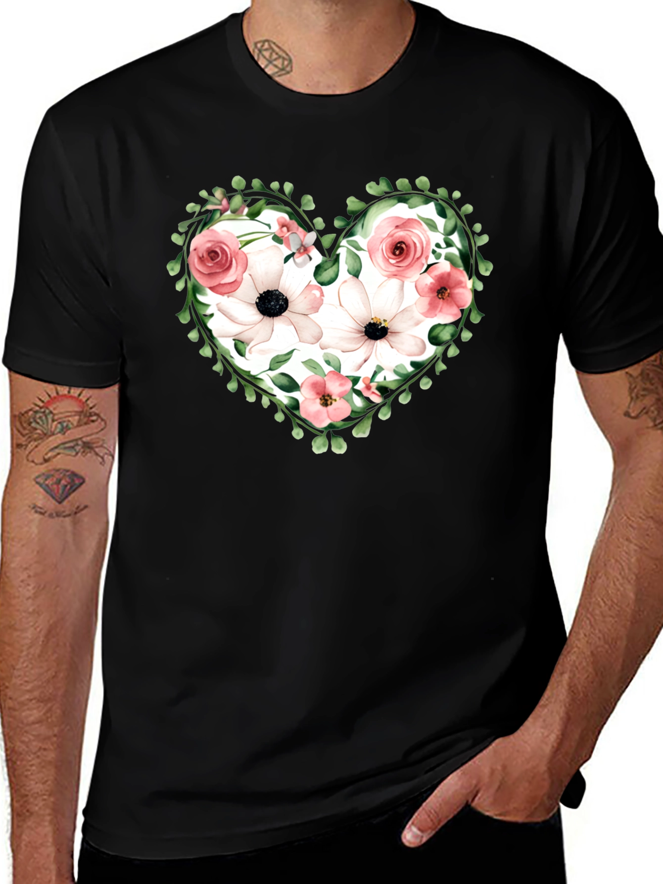 Variant 14 of Floral Heart Graphic T-Shirt - Black