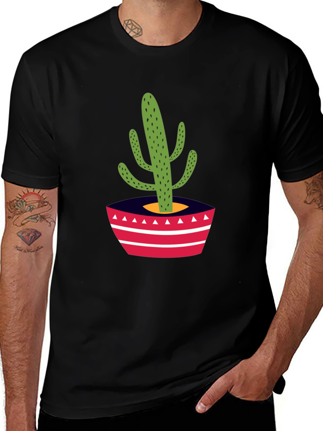 Variant 17 of Cactus Potted Plant Graphic Tee - Stylish Men's Black T-Shirt