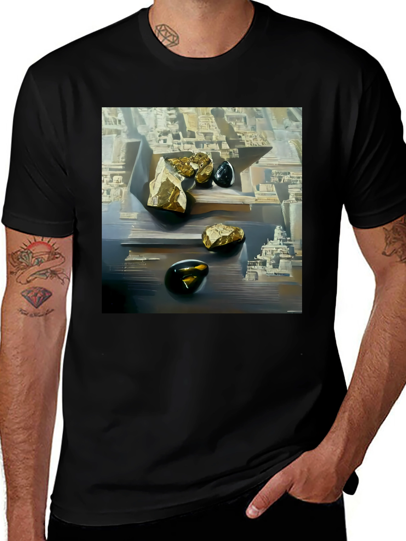 Variant 7 of Abstract Art T-Shirt: Gold & Obsidian Rock Scene