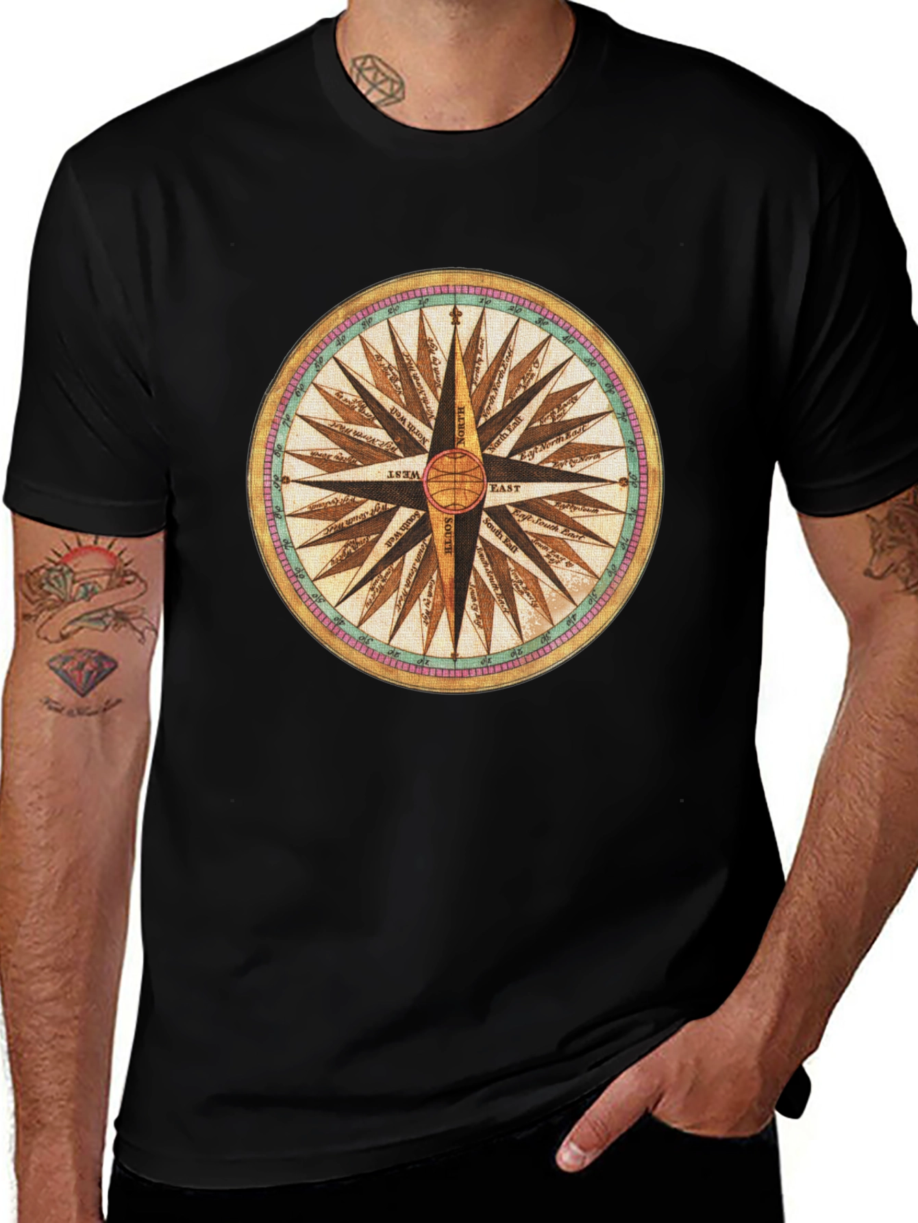 Variant 4 of Compass Rose Graphic Tee - Black Cotton Blend Shirt