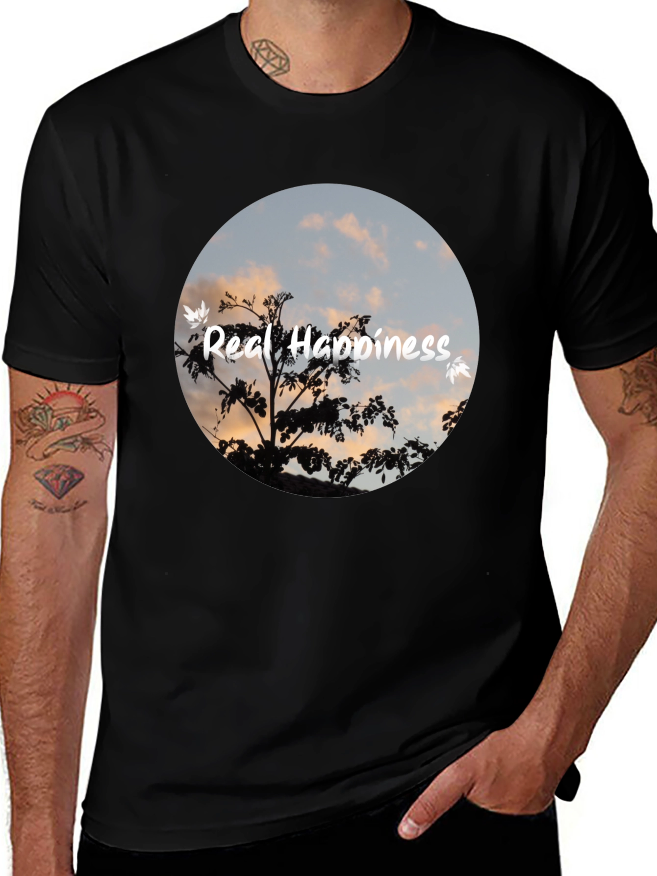 Variant 13 of Real Happiness Graphic T-Shirt - Tree Sunset Design