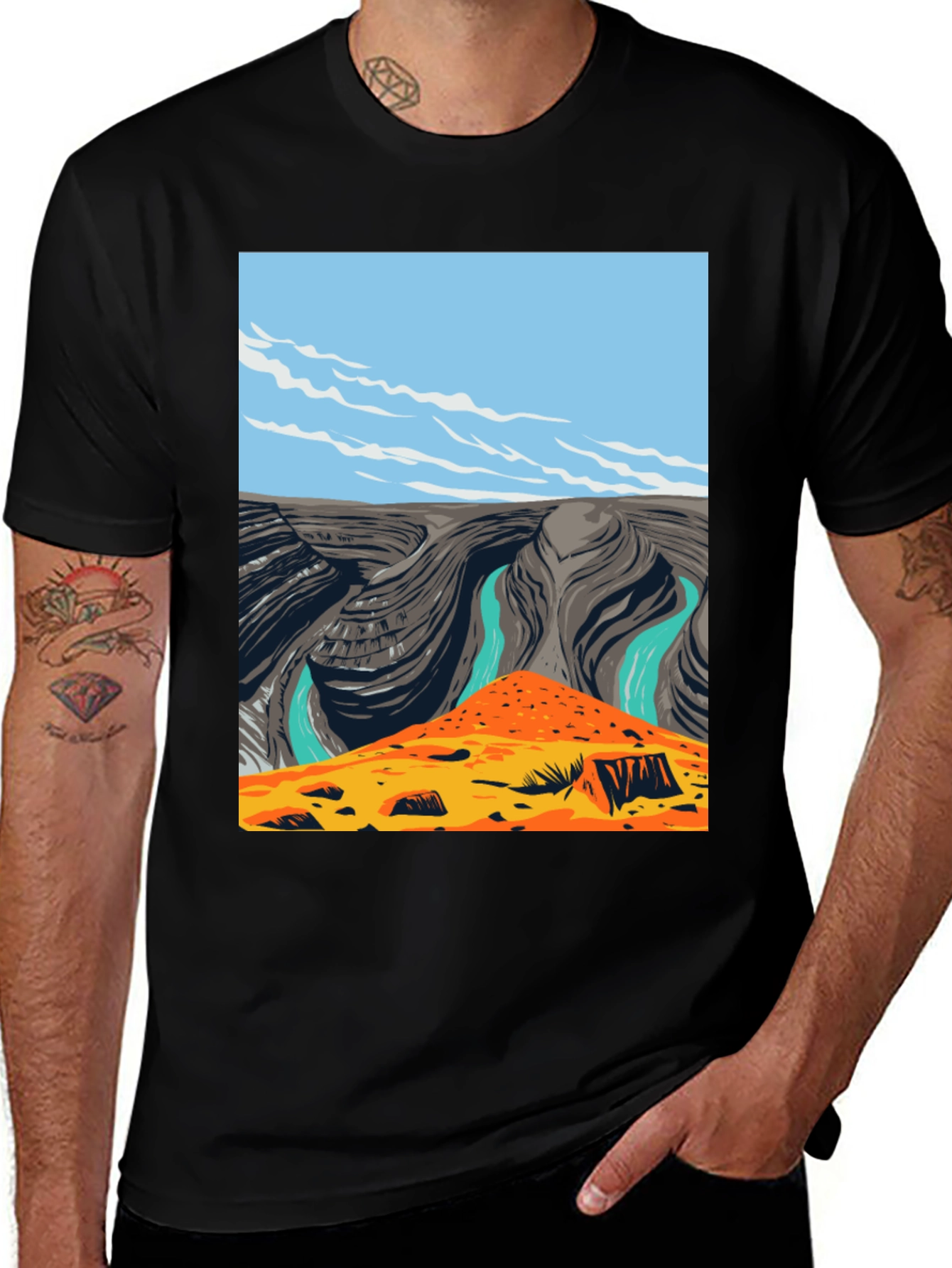 Variant 22 of Illustrated Canyon T-Shirt - Black Cotton Graphic Tee